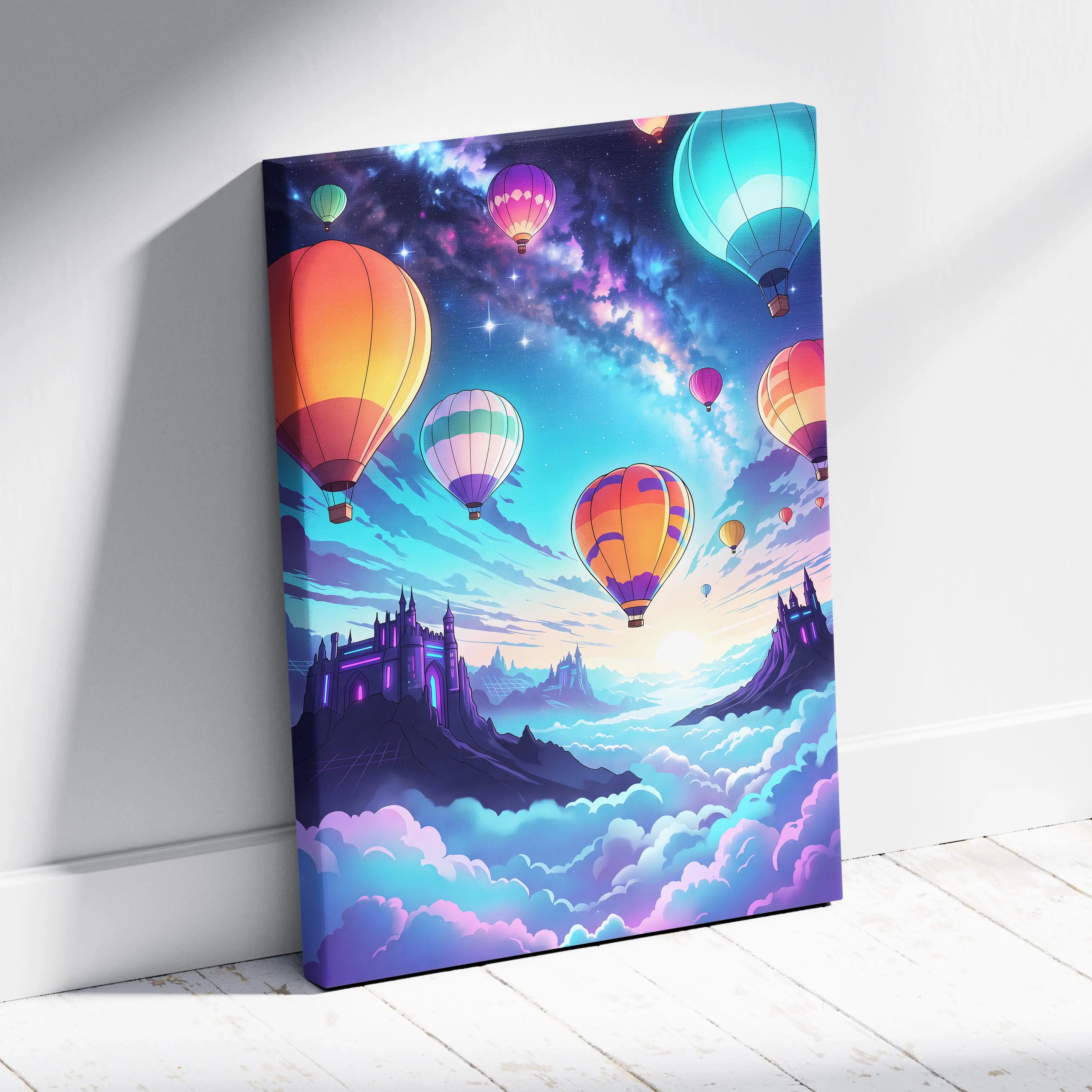 Vaporwave Neon Balloons Canvas - Hot Air Balloons Pink Turquoise Living Room Vaporwave Dreamy Retro Neon City Canvas