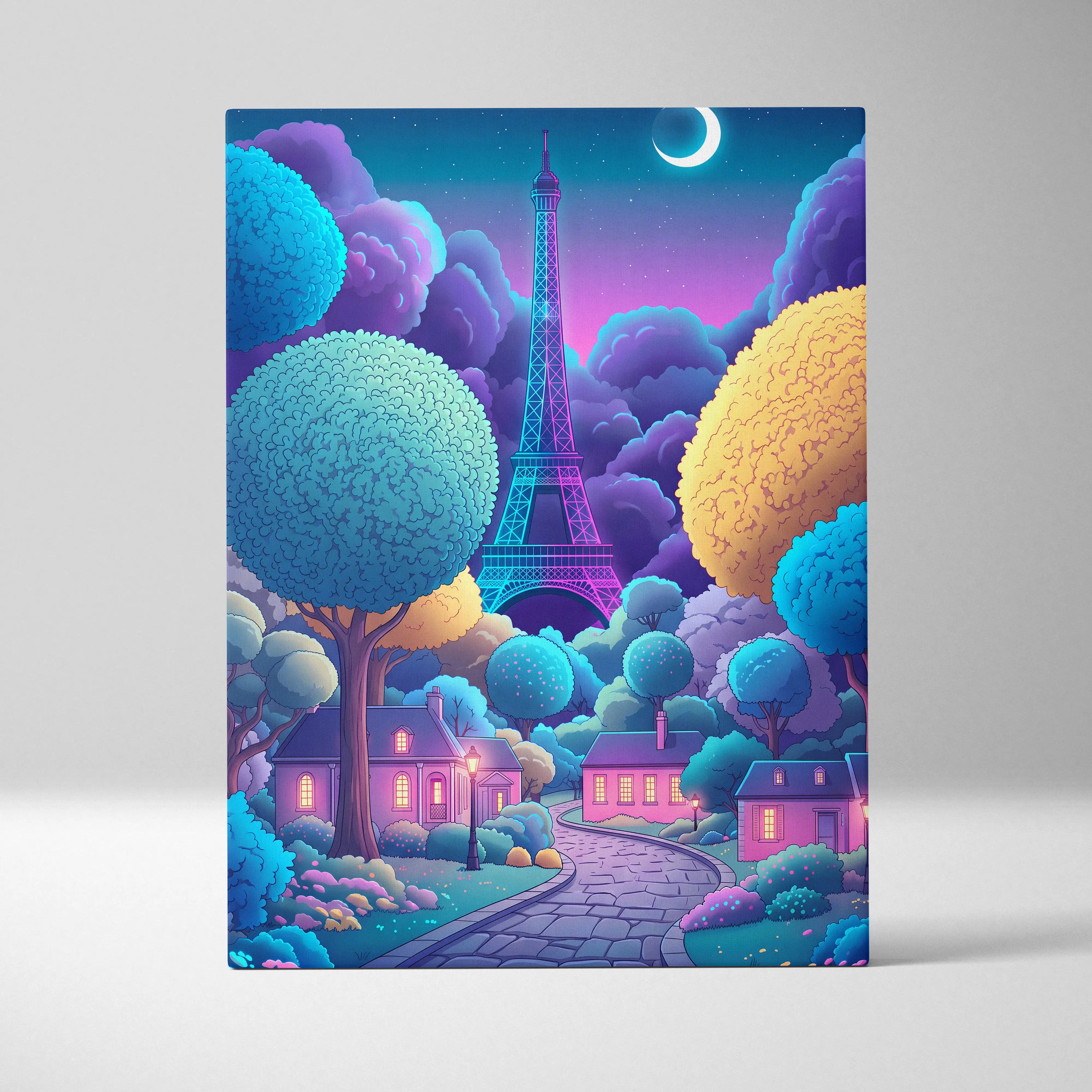 Neon Vaporwave Paris Canvas - Vaporwave Cityscape Neon Blues Pink Living Room Retro Futurism Dreamy Mood Canvas Print