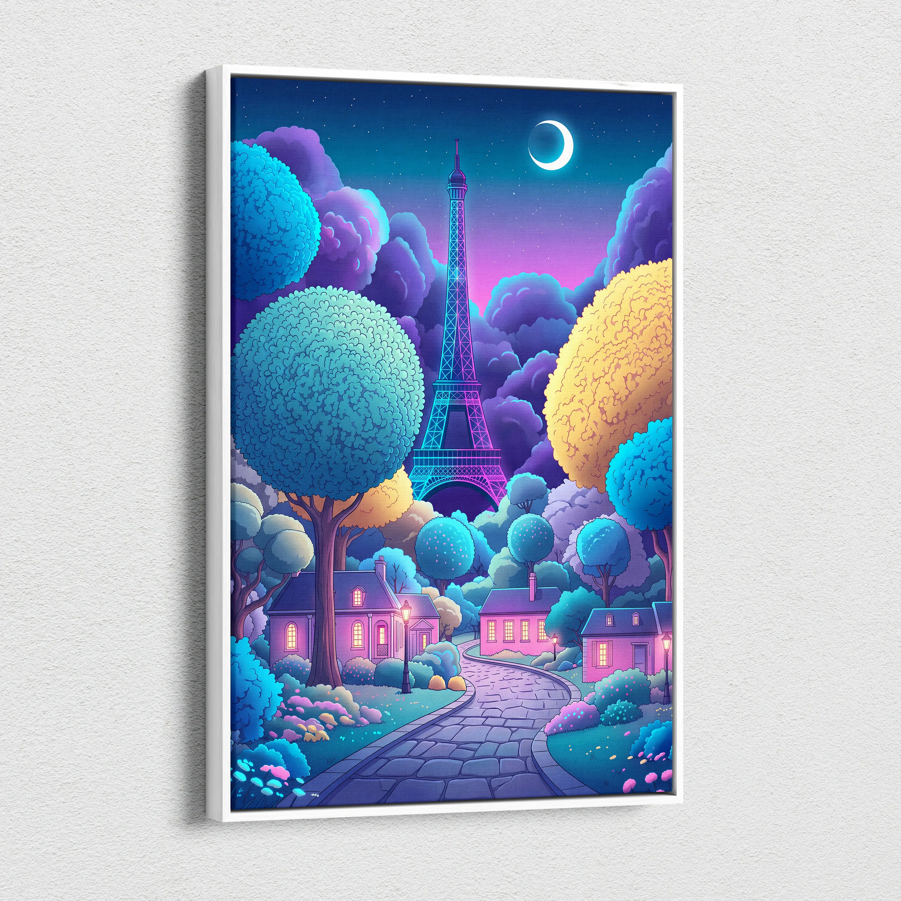 Neon Vaporwave Paris Canvas - Vaporwave Cityscape Neon Blues Pink Living Room Retro Futurism Dreamy Mood Canvas Print