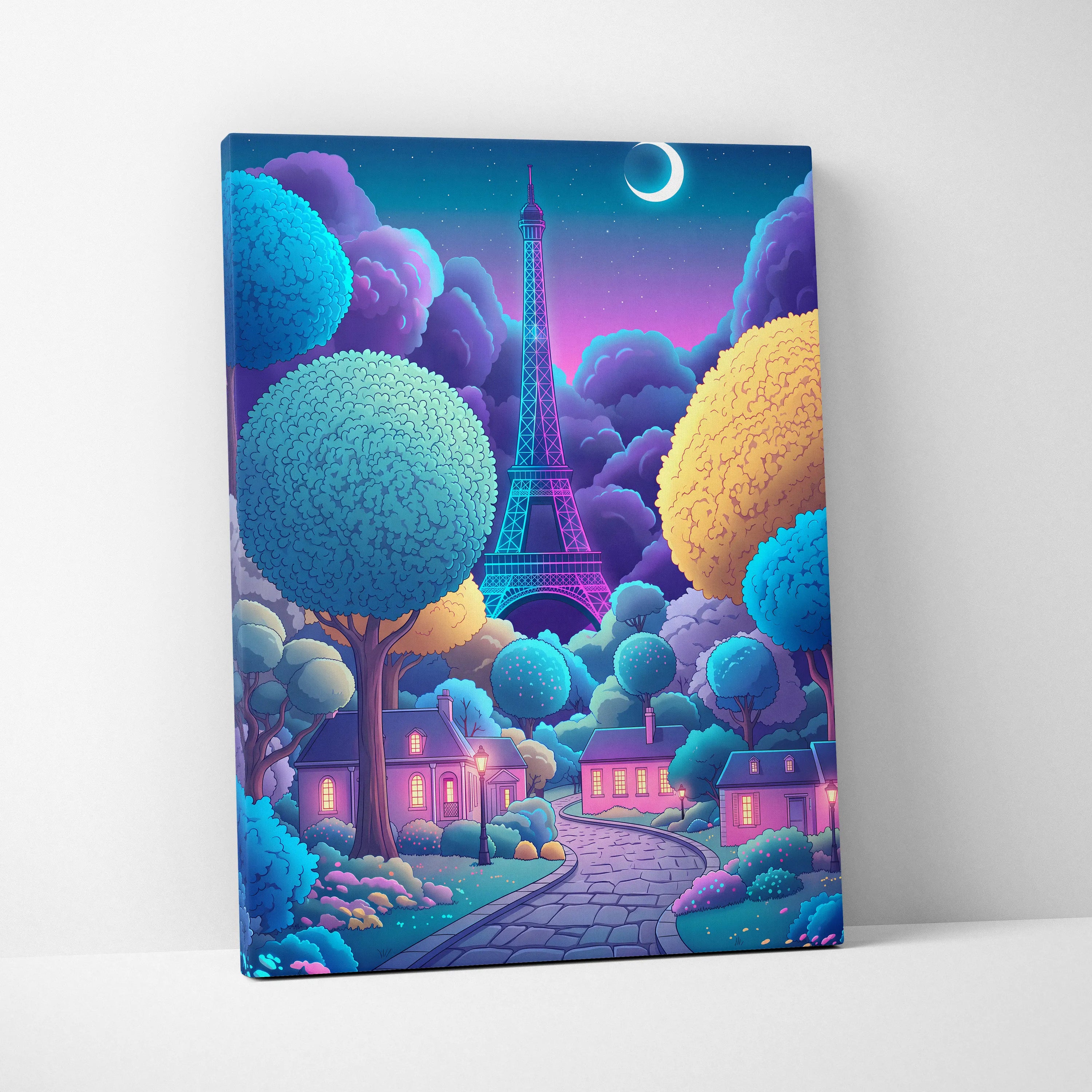 Neon Vaporwave Paris Canvas - Vaporwave Cityscape Neon Blues Pink Living Room Retro Futurism Dreamy Mood Canvas Print
