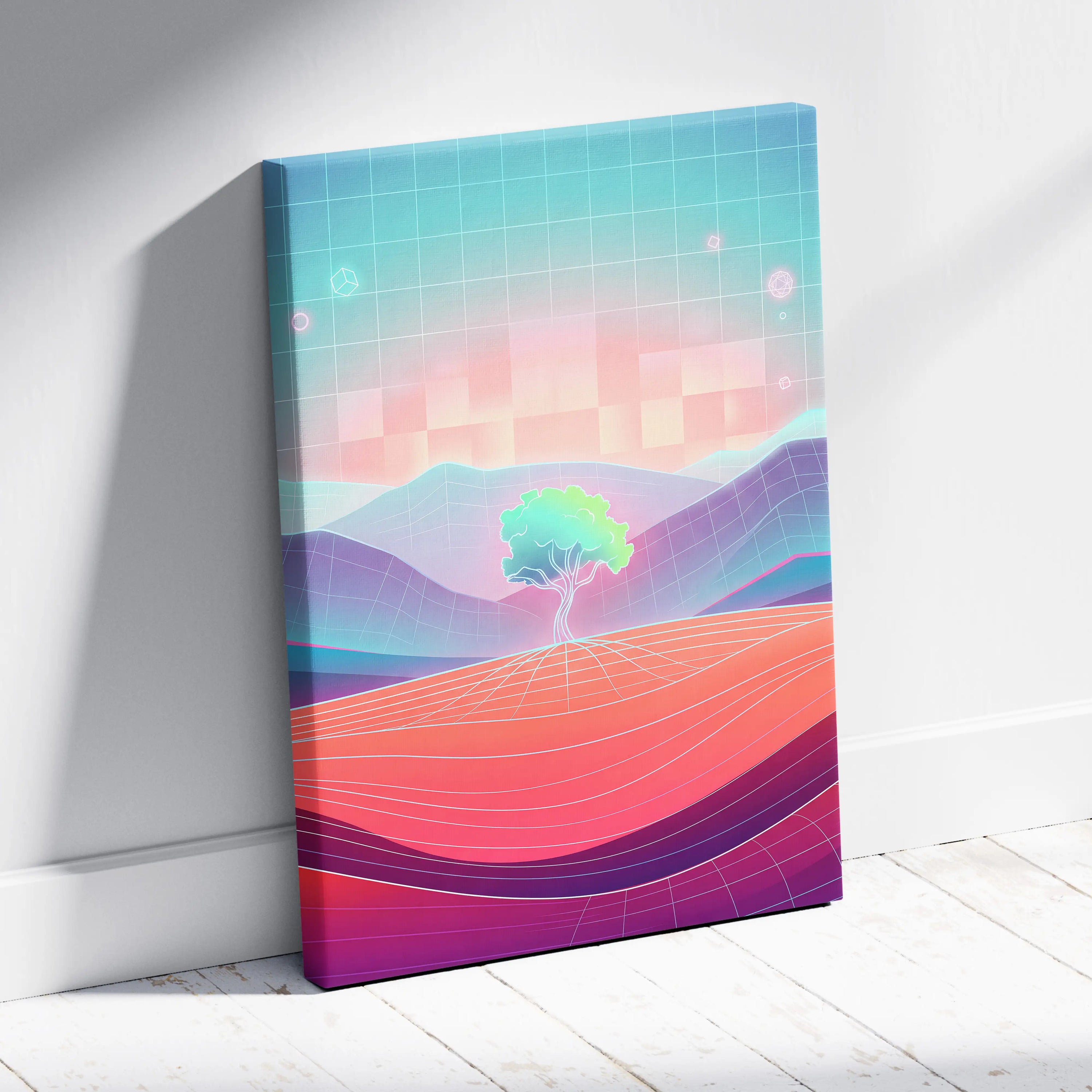 Neon Vaporwave Sunset Canvas - Vaporwave Canvas Pink Teal Sunset Living Room Retro Dreamy Mood Neon Glow Decor Wall Art