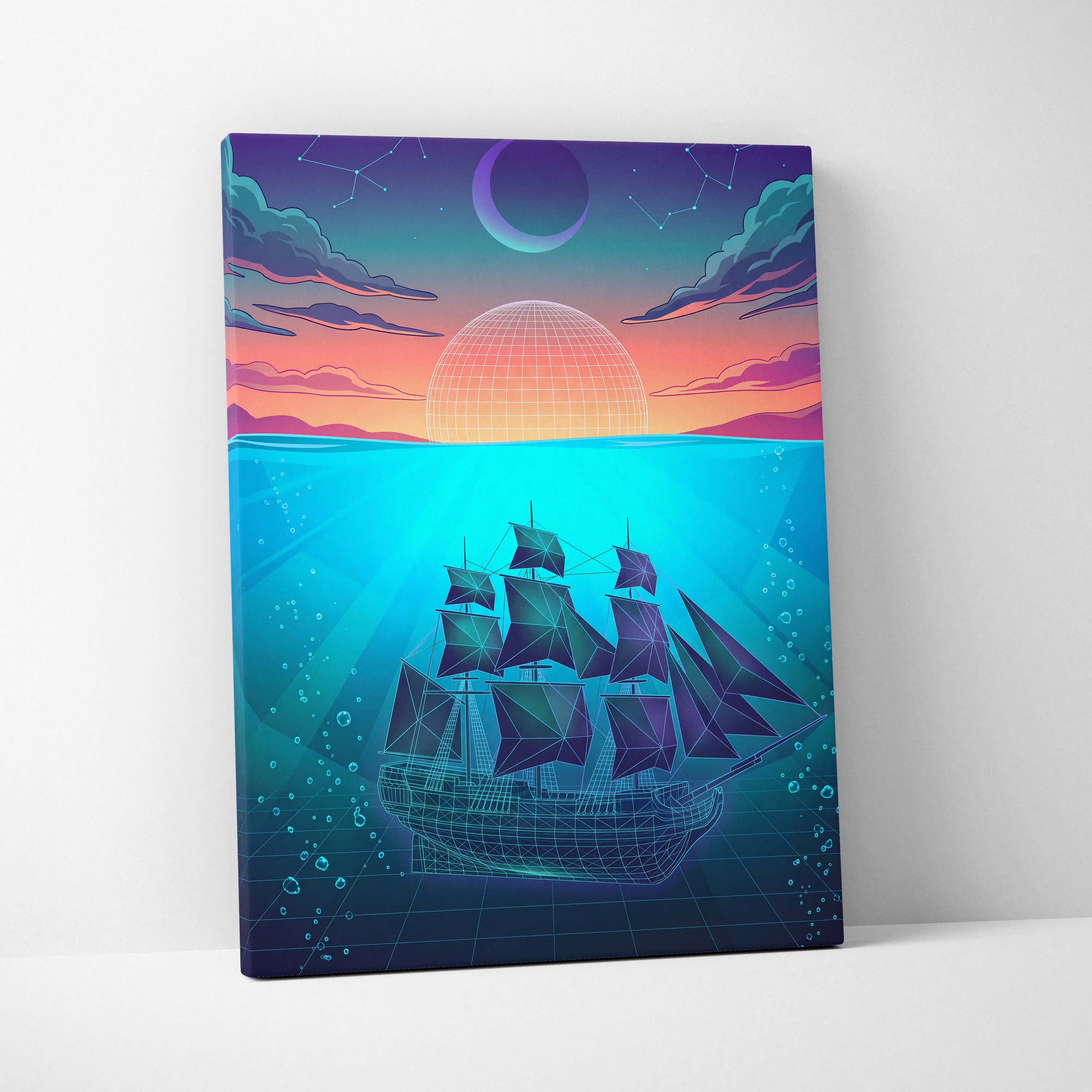 Neon Vaporwave Sunset Canvas - Neon City Pink Cyan Living Room Vaporwave Canvas Dreamy Nostalgia Retro-Futurist Wall Art