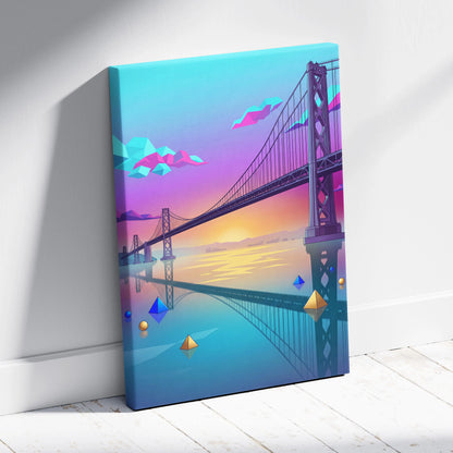Neon Vaporwave Canvas Sunset - Vaporwave Landscape Blues Pink Turquoise Living Room Dreamy Nostalgic Neon Decor Canvas