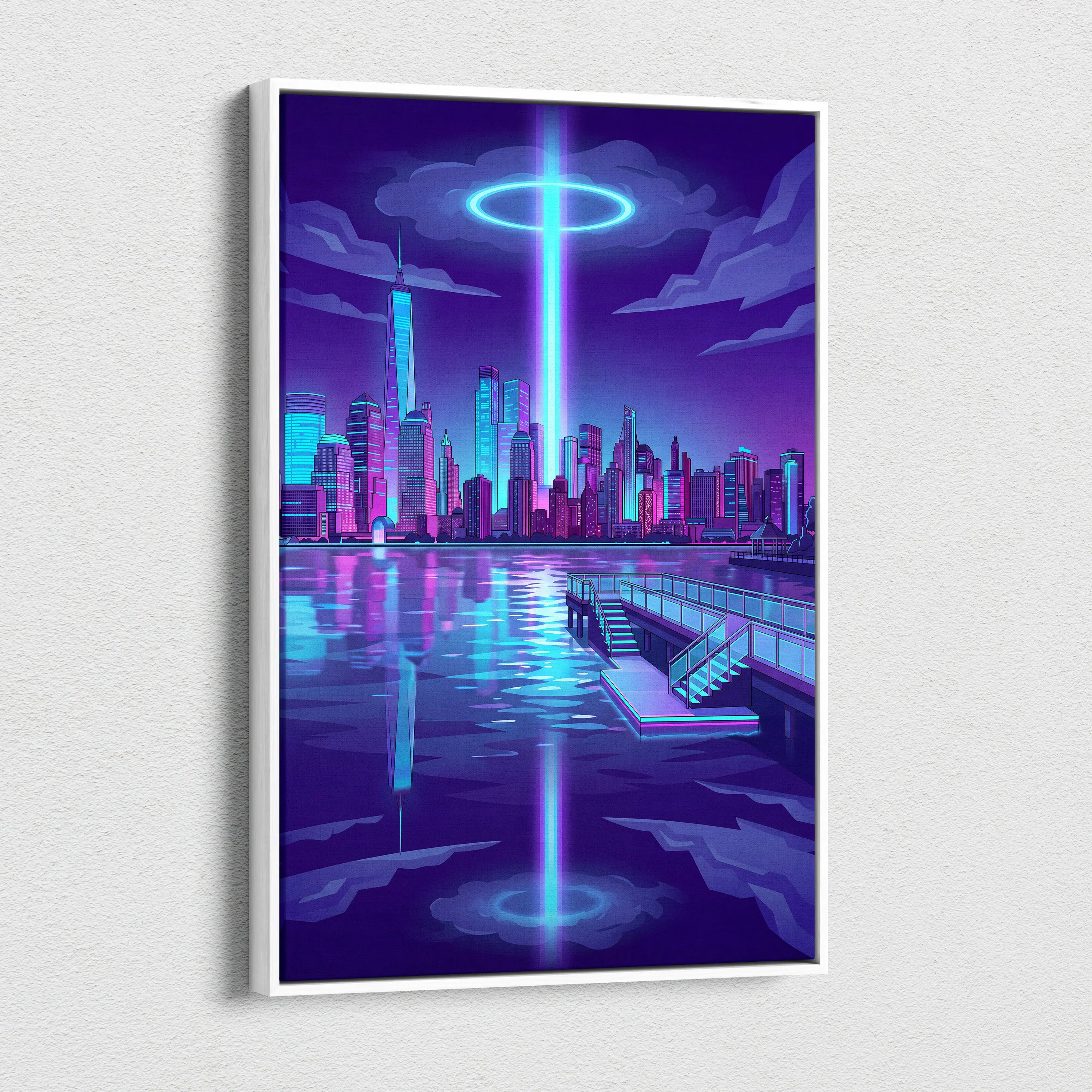 Neon Skyline Vaporwave Canvas - Vaporwave Cityscape Neon Blues Dreamy Mood Cyberpunk Decor Canvas