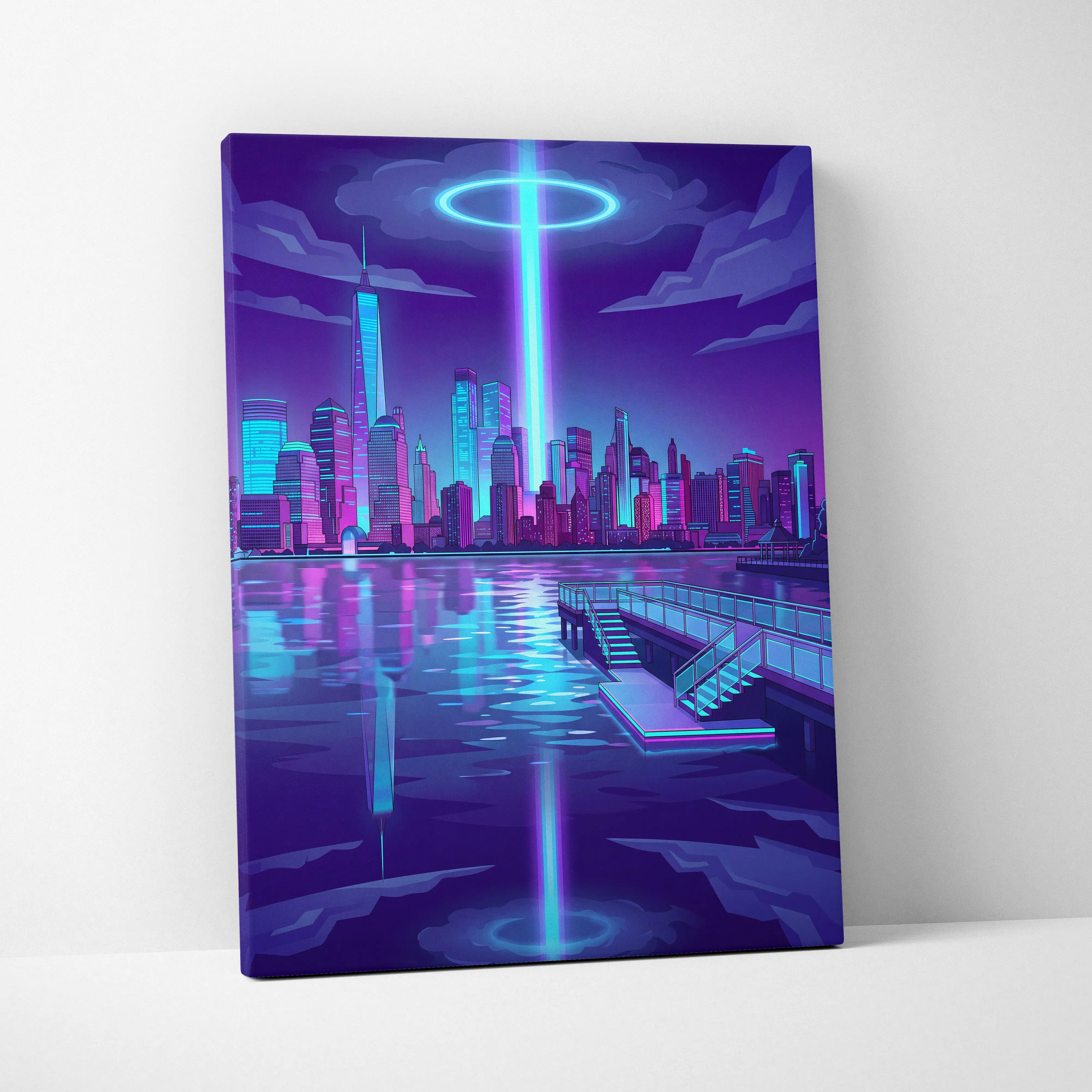 Neon Skyline Vaporwave Canvas - Vaporwave Cityscape Neon Blues Dreamy Mood Cyberpunk Decor Canvas