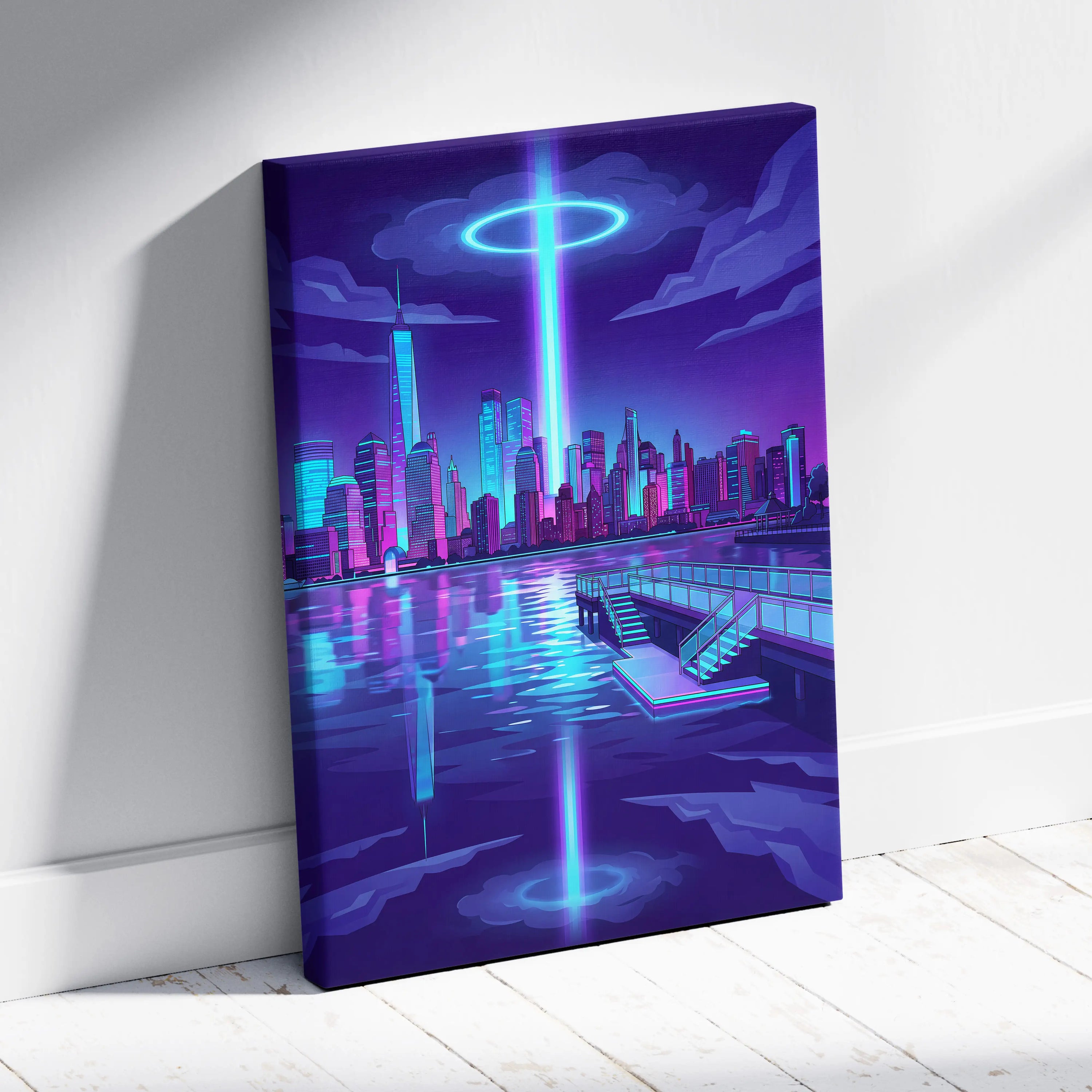 Neon Skyline Vaporwave Canvas - Vaporwave Cityscape Neon Blues Dreamy Mood Cyberpunk Decor Canvas