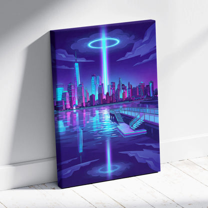 Neon Skyline Vaporwave Canvas - Vaporwave Cityscape Neon Blues Dreamy Mood Cyberpunk Decor Canvas