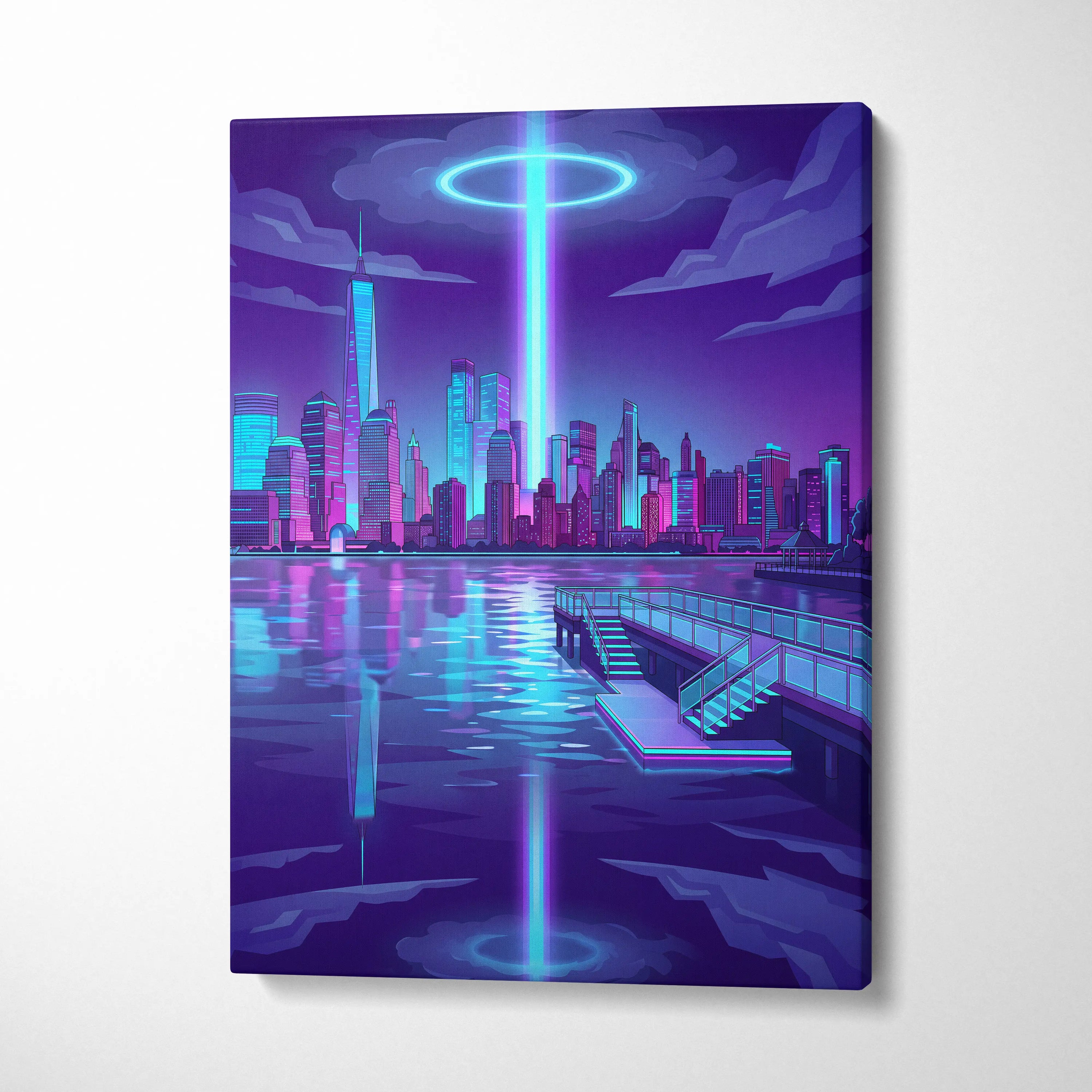 Neon Skyline Vaporwave Canvas - Vaporwave Cityscape Neon Blues Dreamy Mood Cyberpunk Decor Canvas