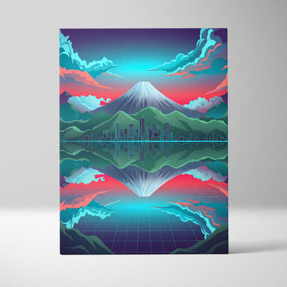 Neon Mountain Vaporwave Canvas - Mountain Neon Blues Pink Purple Living Room Vaporwave Futurism Decor Art Print