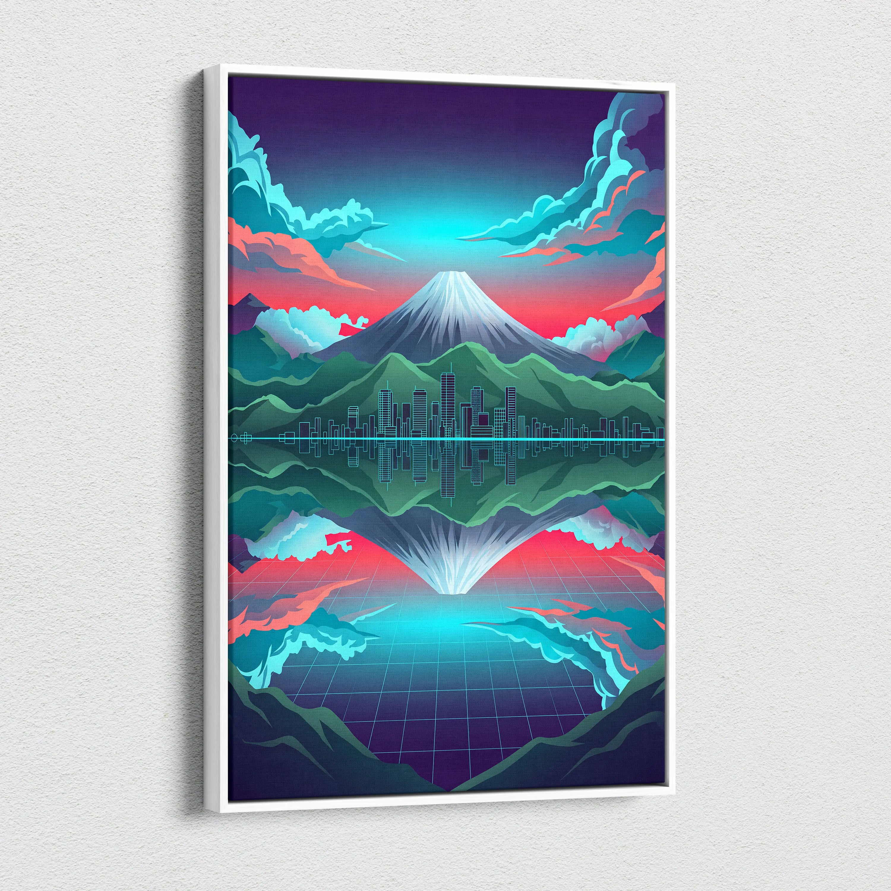 Neon Mountain Vaporwave Canvas - Mountain Neon Blues Pink Purple Living Room Vaporwave Futurism Decor Art Print