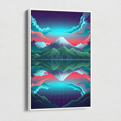 Neon Mountain Vaporwave Canvas - Mountain Neon Blues Pink Purple Living Room Vaporwave Futurism Decor Art Print
