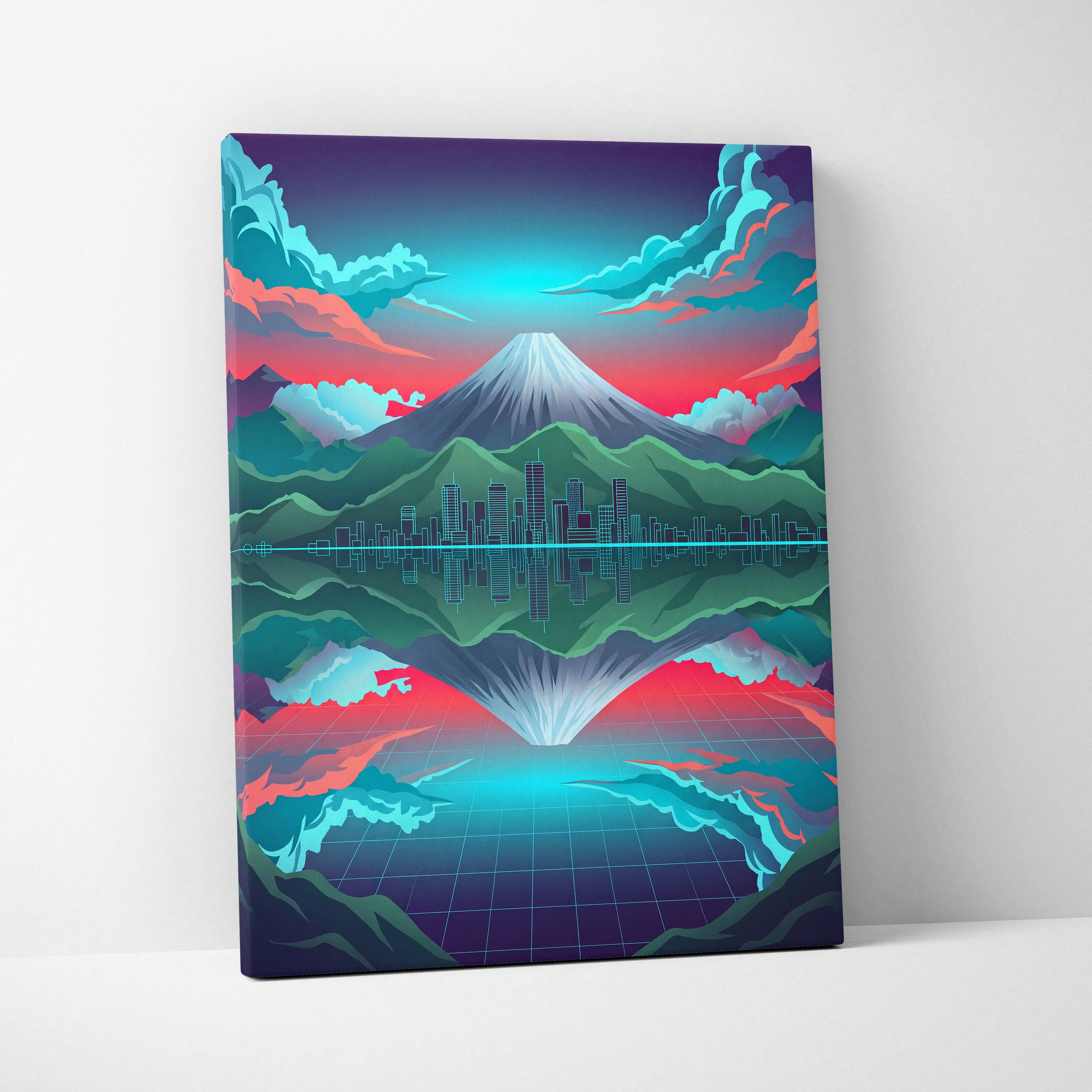 Neon Mountain Vaporwave Canvas - Mountain Neon Blues Pink Purple Living Room Vaporwave Futurism Decor Art Print