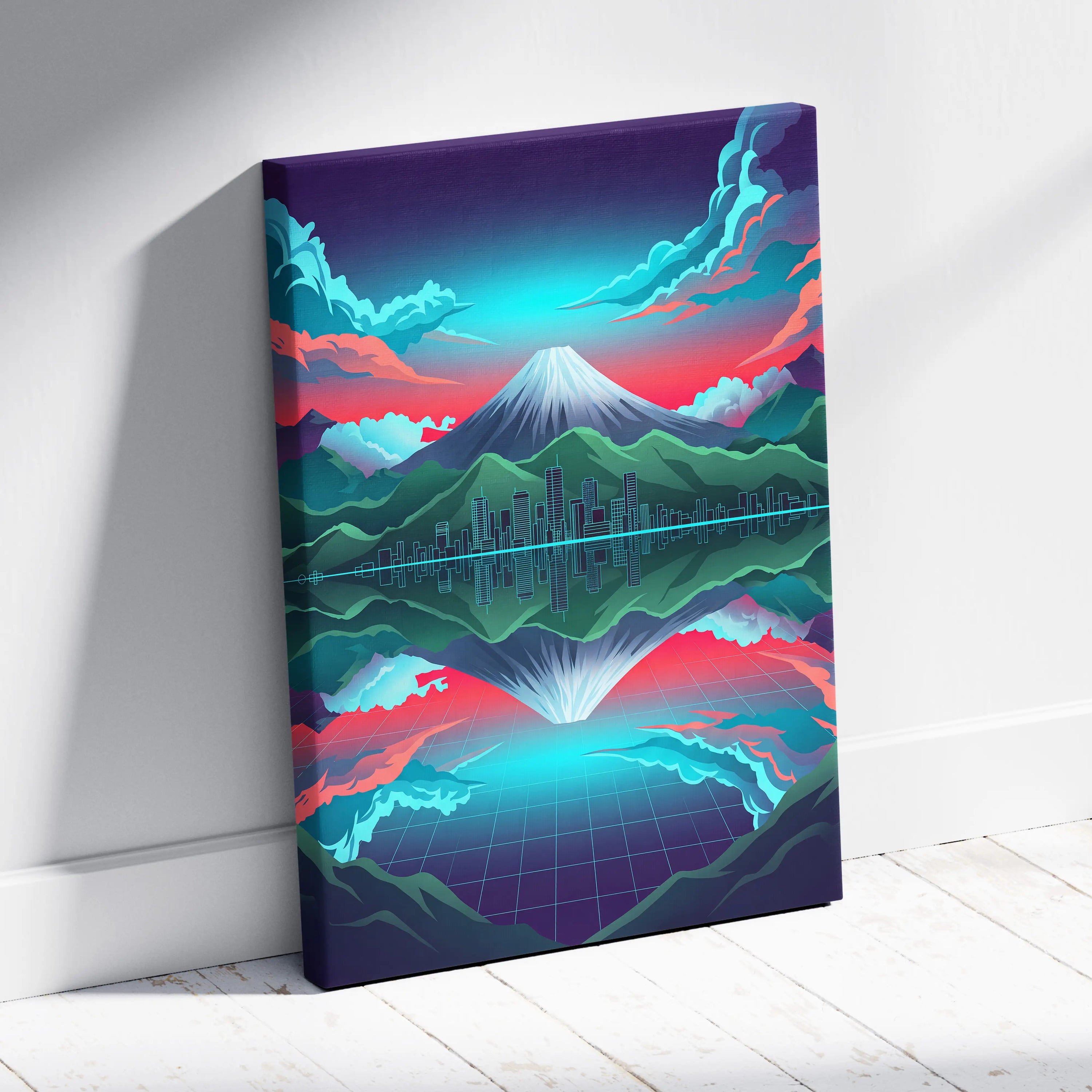 Neon Mountain Vaporwave Canvas - Mountain Neon Blues Pink Purple Living Room Vaporwave Futurism Decor Art Print
