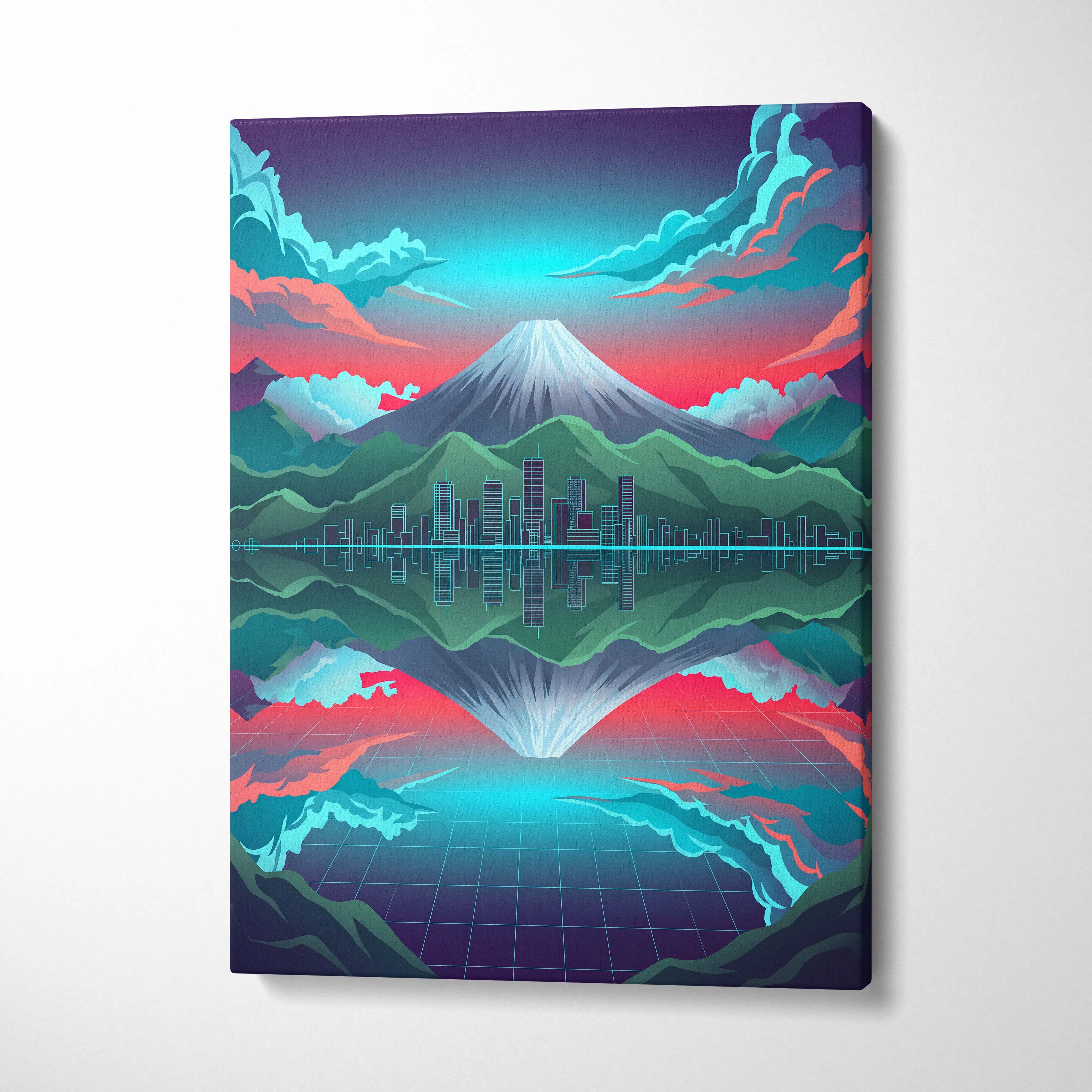 Neon Mountain Vaporwave Canvas - Mountain Neon Blues Pink Purple Living Room Vaporwave Futurism Decor Art Print
