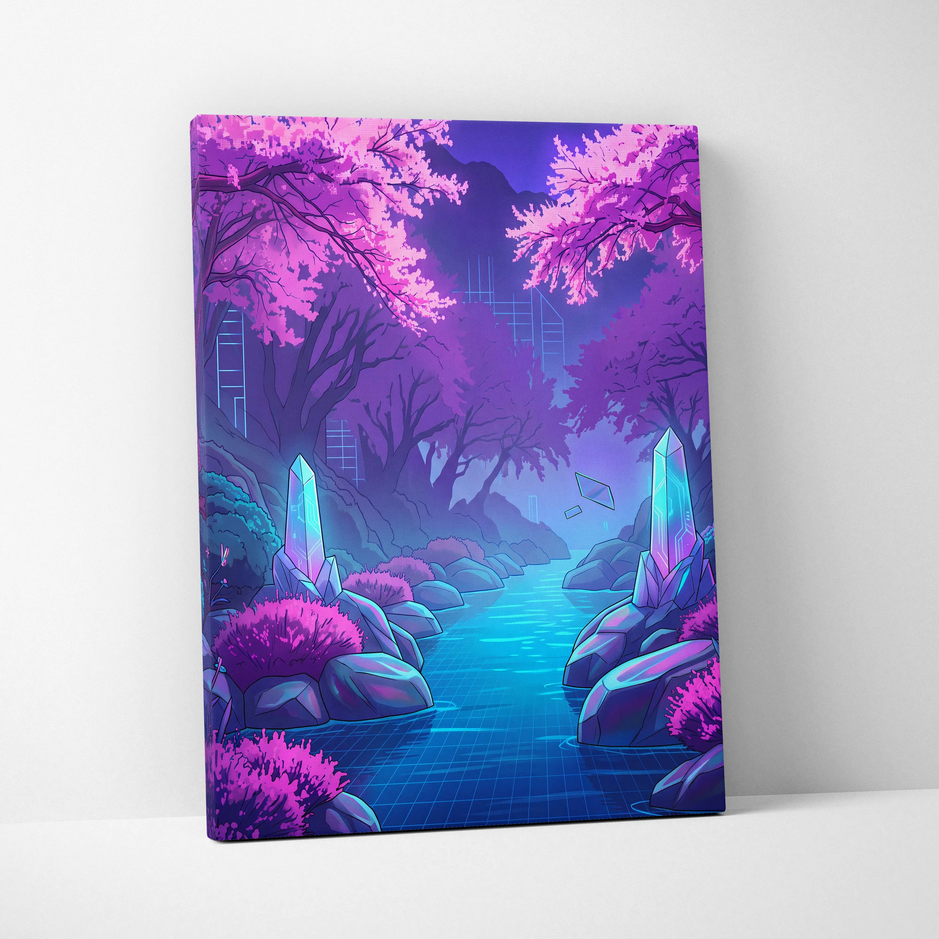 Neon Vaporwave Dreamscape Canvas - Vaporwave Cityscape Neon Pink Purple Blue Living Room Retro Futurism Dreamy Canvas