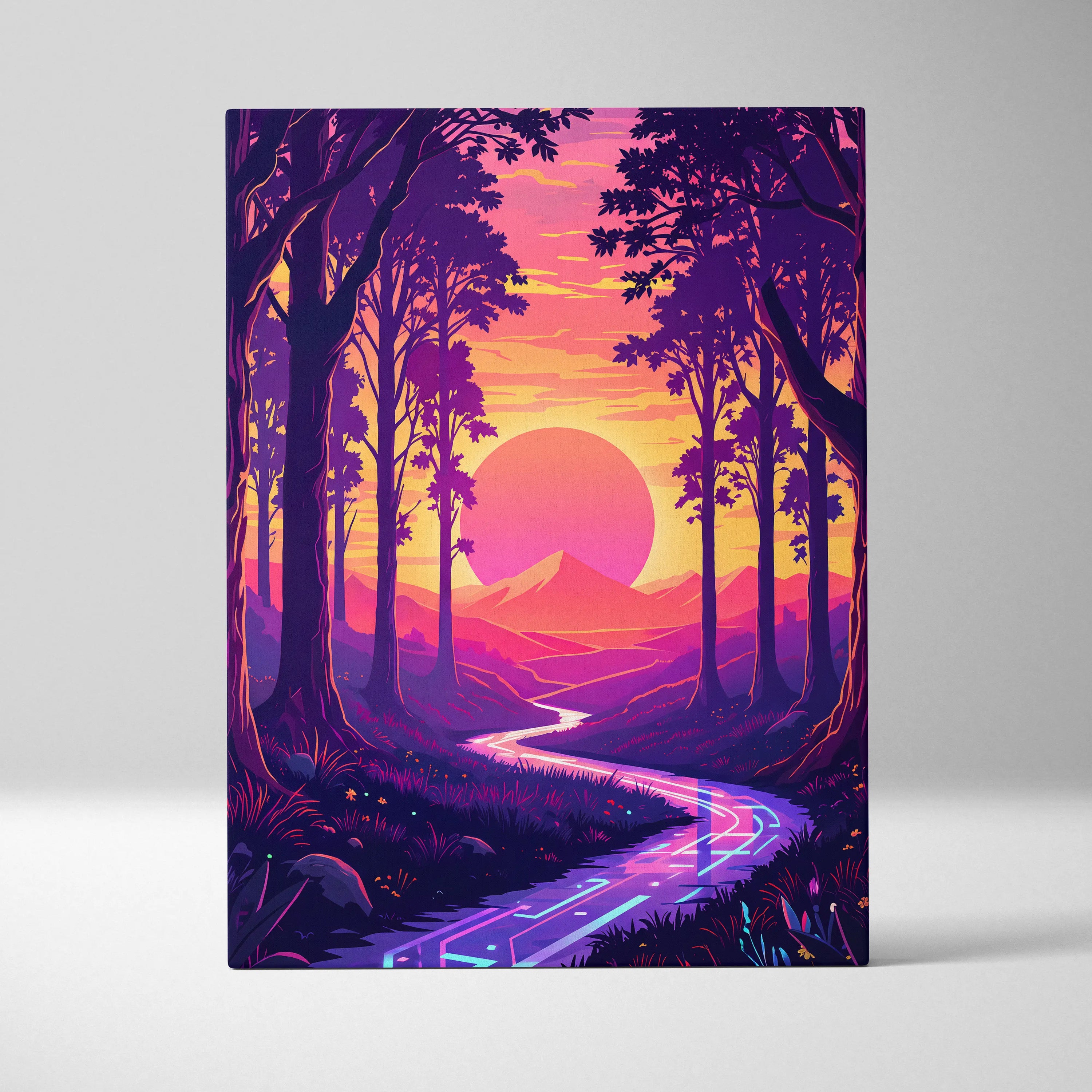 Vaporwave Neon Forest Sunset Canvas - Vaporwave Forest Sunset Purple Pink Neon Living Retro Dreamy Neon Vaporwave Canvas