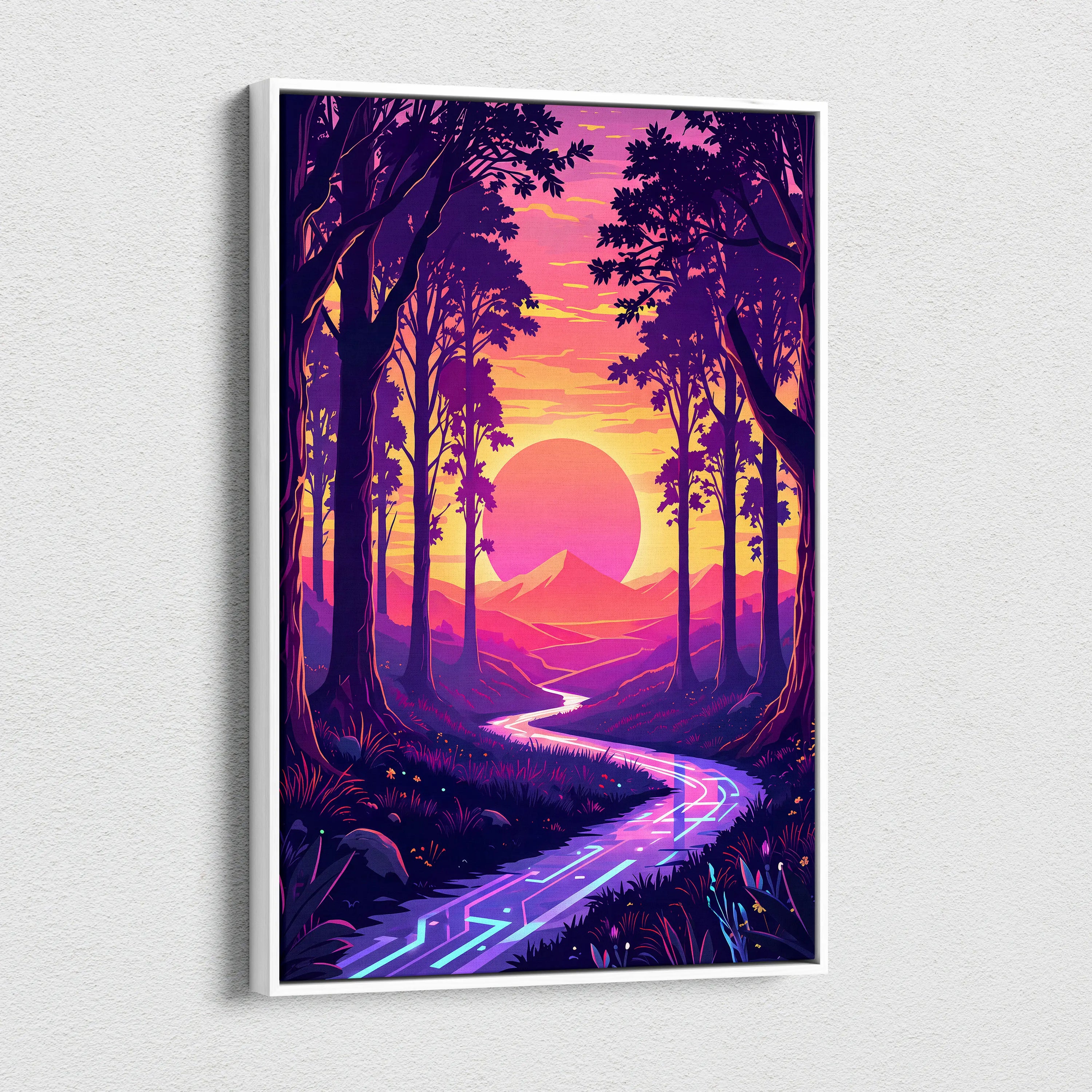 Vaporwave Neon Forest Sunset Canvas - Vaporwave Forest Sunset Purple Pink Neon Living Retro Dreamy Neon Vaporwave Canvas