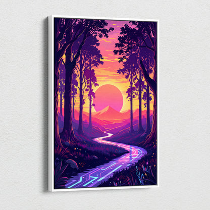 Vaporwave Neon Forest Sunset Canvas - Vaporwave Forest Sunset Purple Pink Neon Living Retro Dreamy Neon Vaporwave Canvas