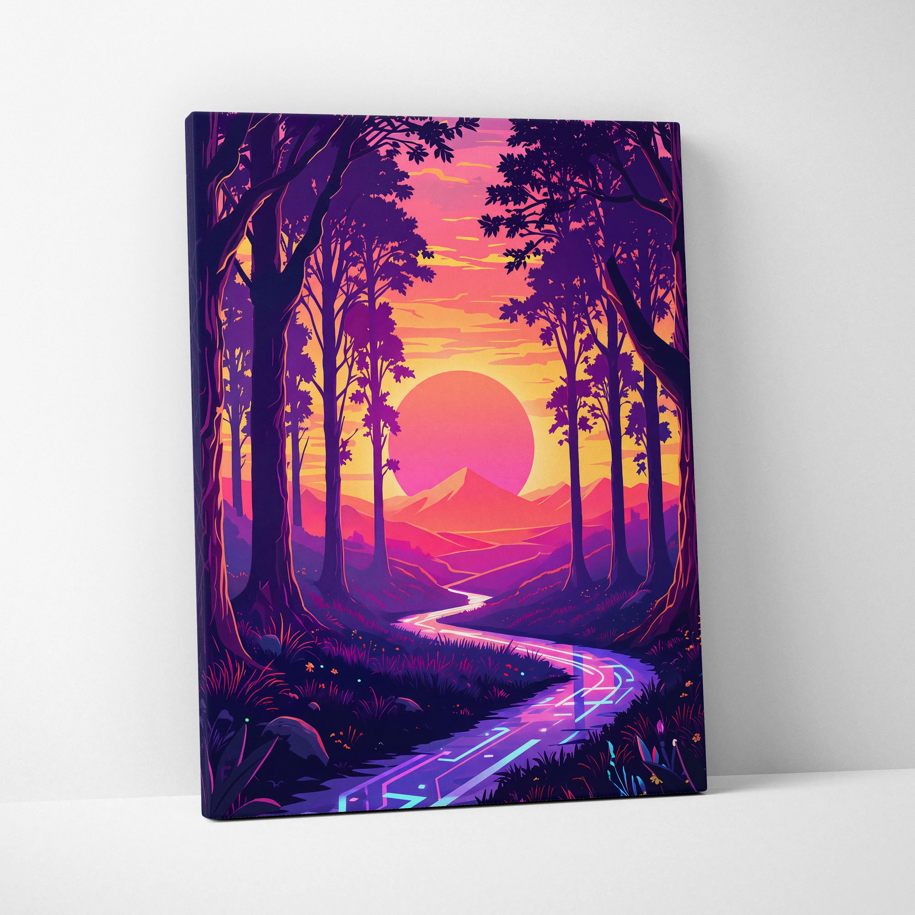 Vaporwave Neon Forest Sunset Canvas - Vaporwave Forest Sunset Purple Pink Neon Living Retro Dreamy Neon Vaporwave Canvas