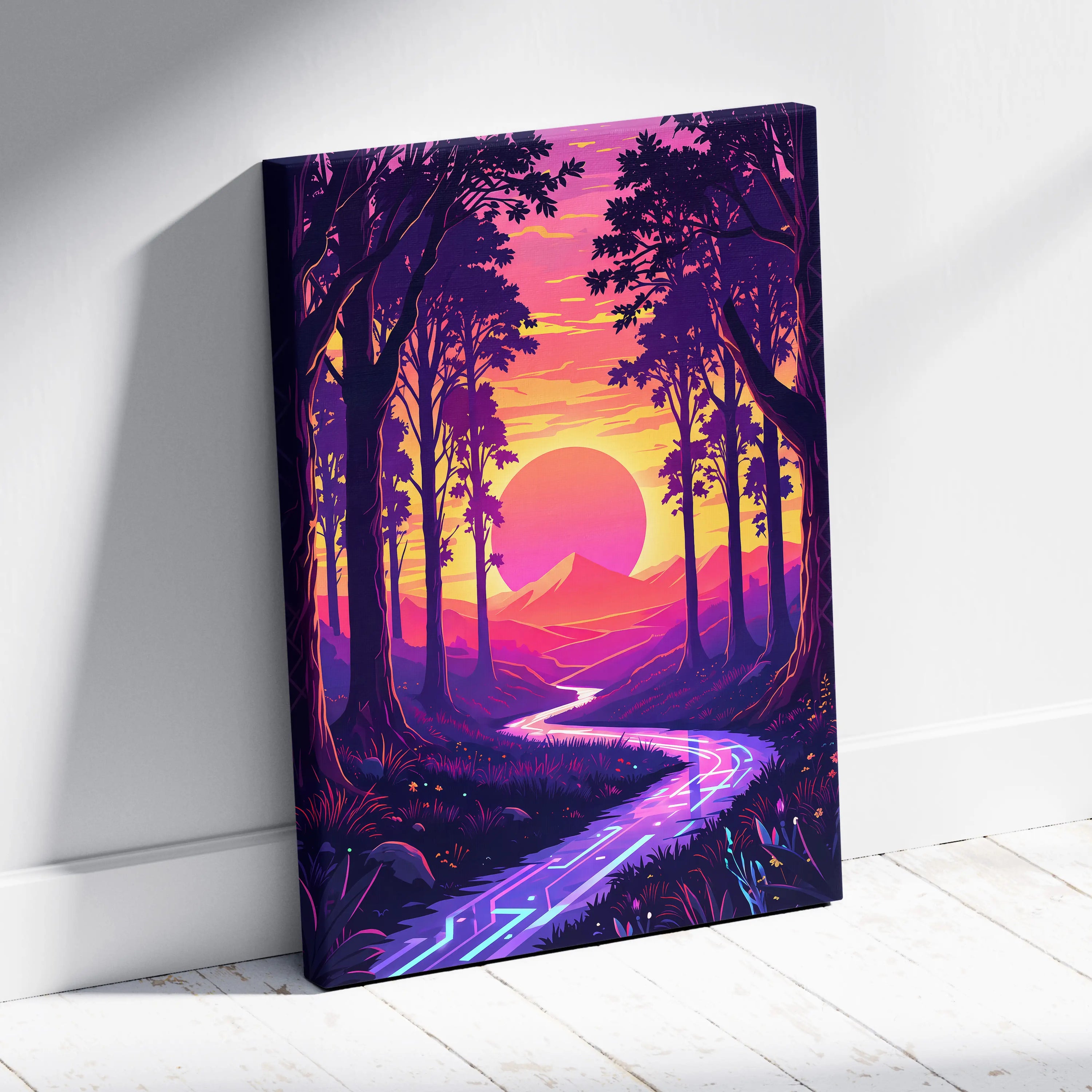 Vaporwave Neon Forest Sunset Canvas - Vaporwave Forest Sunset Purple Pink Neon Living Retro Dreamy Neon Vaporwave Canvas
