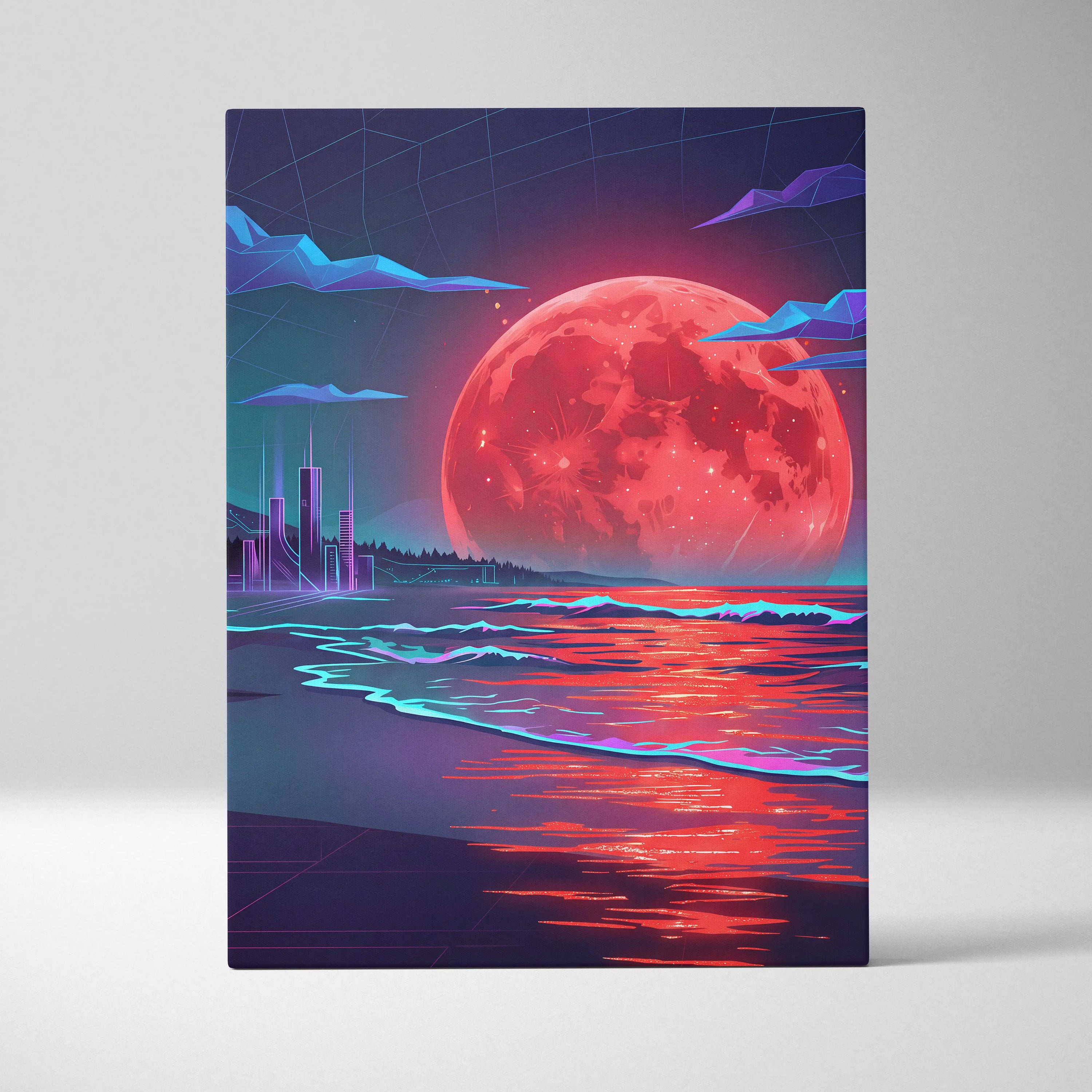 Neon Moon Vaporwave Canvas - Moonlit Neon City Living Room Neon Pink Vaporwave Dreamy Retro Mood Vaporwave Canvas