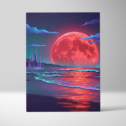 Neon Moon Vaporwave Canvas - Moonlit Neon City Living Room Neon Pink Vaporwave Dreamy Retro Mood Vaporwave Canvas