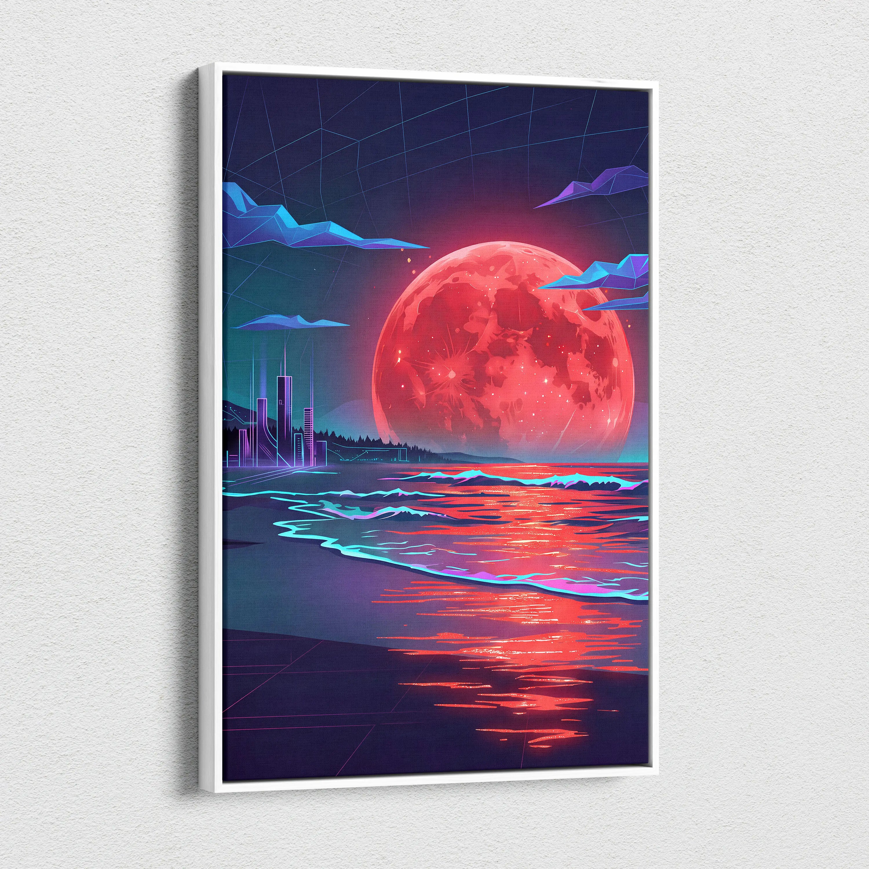 Neon Moon Vaporwave Canvas - Moonlit Neon City Living Room Neon Pink Vaporwave Dreamy Retro Mood Vaporwave Canvas