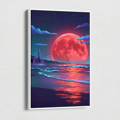 Neon Moon Vaporwave Canvas - Moonlit Neon City Living Room Neon Pink Vaporwave Dreamy Retro Mood Vaporwave Canvas