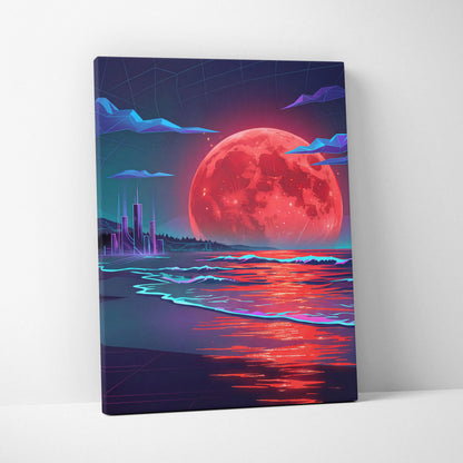 Neon Moon Vaporwave Canvas - Moonlit Neon City Living Room Neon Pink Vaporwave Dreamy Retro Mood Vaporwave Canvas