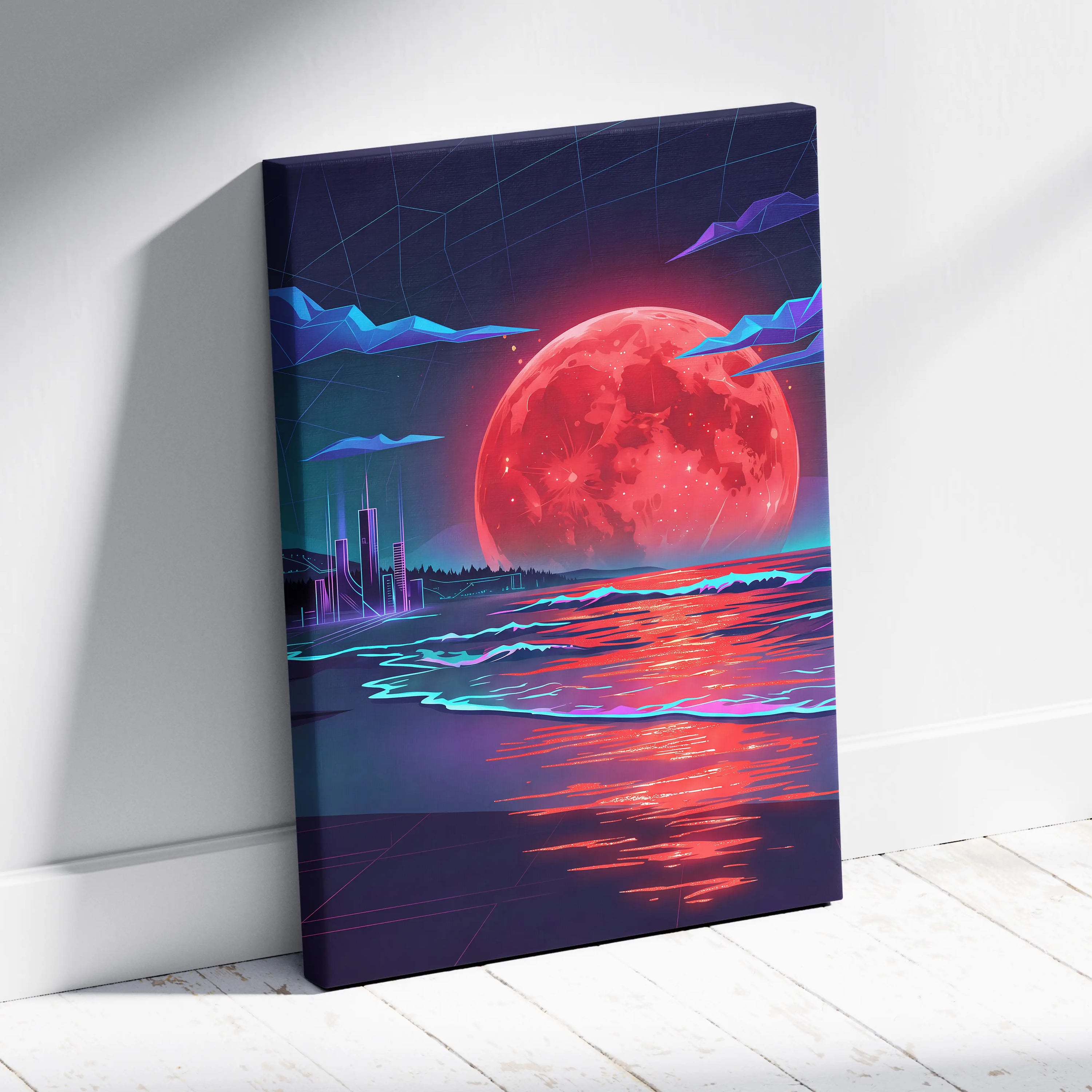 Neon Moon Vaporwave Canvas - Moonlit Neon City Living Room Neon Pink Vaporwave Dreamy Retro Mood Vaporwave Canvas