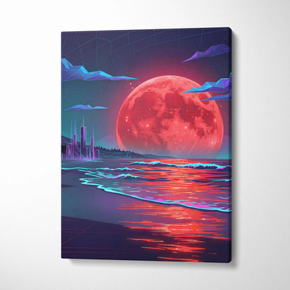 Neon Moon Vaporwave Canvas - Moonlit Neon City Living Room Neon Pink Vaporwave Dreamy Retro Mood Vaporwave Canvas