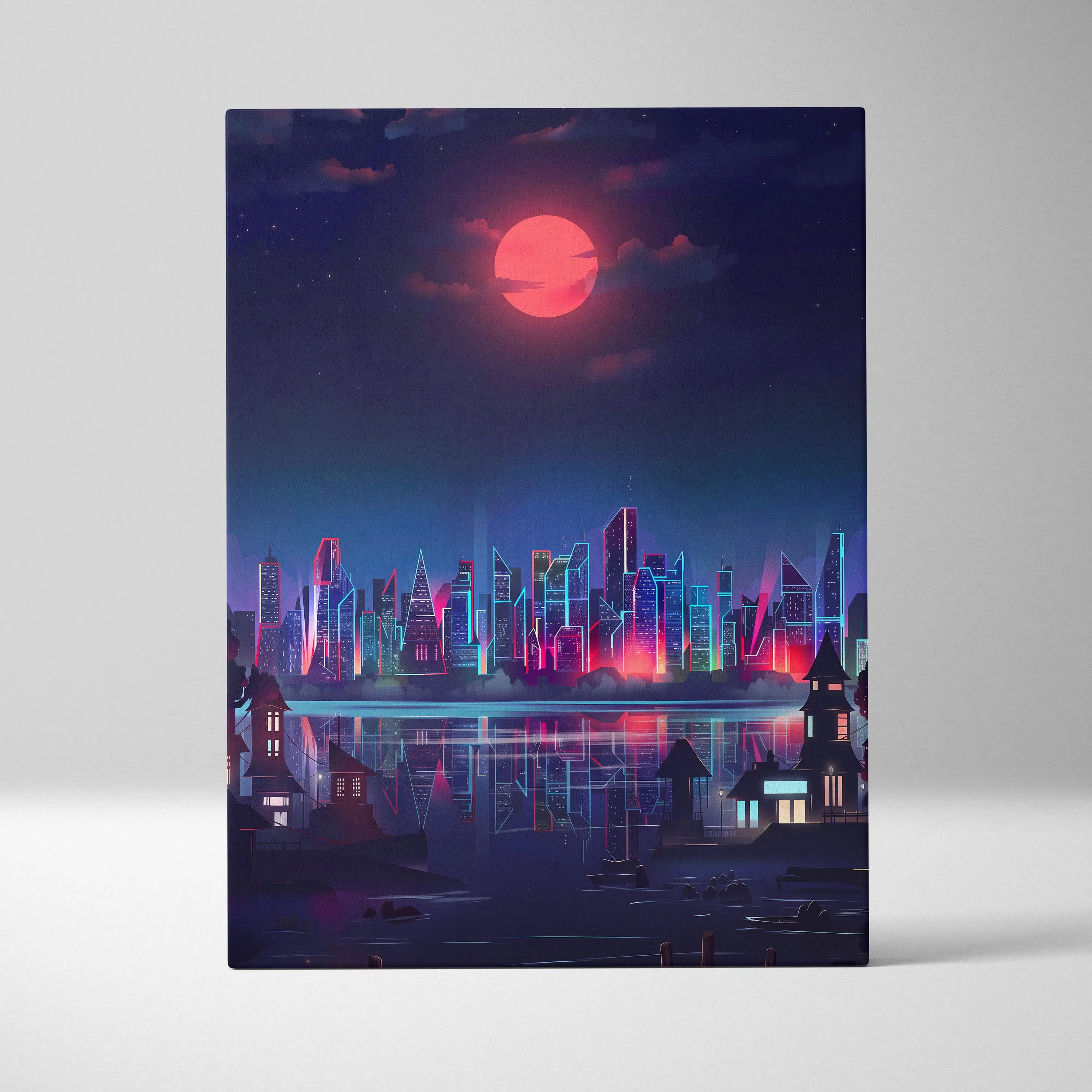 Neon City Vaporwave Canvas - Neon City Skyline Pink Blue Living Room Vaporwave Dreamy Mood Retro Futurism Decor