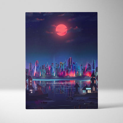 Neon City Vaporwave Canvas - Neon City Skyline Pink Blue Living Room Vaporwave Dreamy Mood Retro Futurism Decor