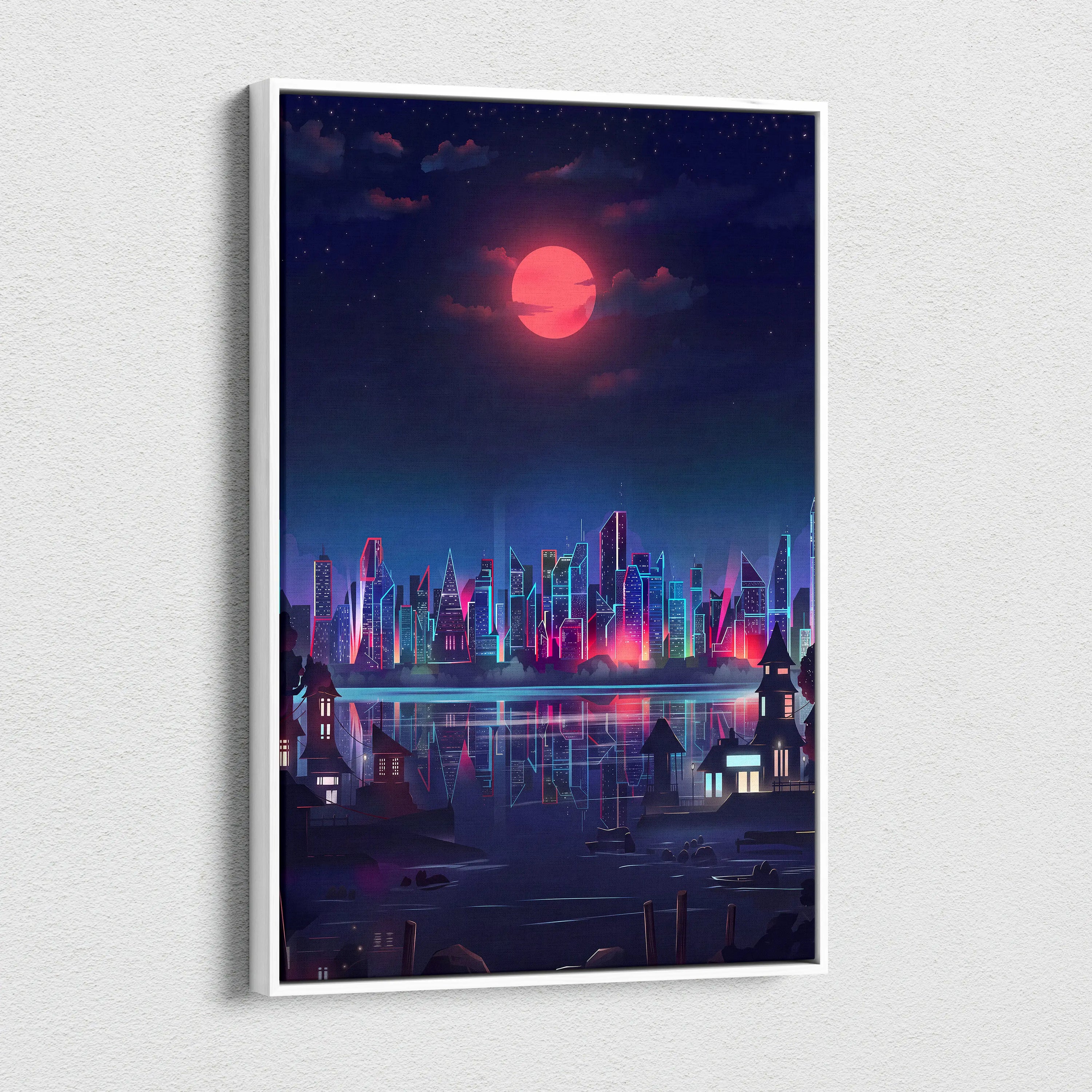 Neon City Vaporwave Canvas - Neon City Skyline Pink Blue Living Room Vaporwave Dreamy Mood Retro Futurism Decor