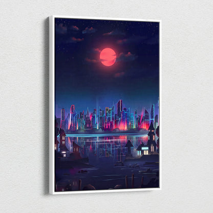 Neon City Vaporwave Canvas - Neon City Skyline Pink Blue Living Room Vaporwave Dreamy Mood Retro Futurism Decor