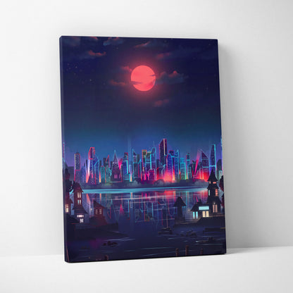 Neon City Vaporwave Canvas - Neon City Skyline Pink Blue Living Room Vaporwave Dreamy Mood Retro Futurism Decor