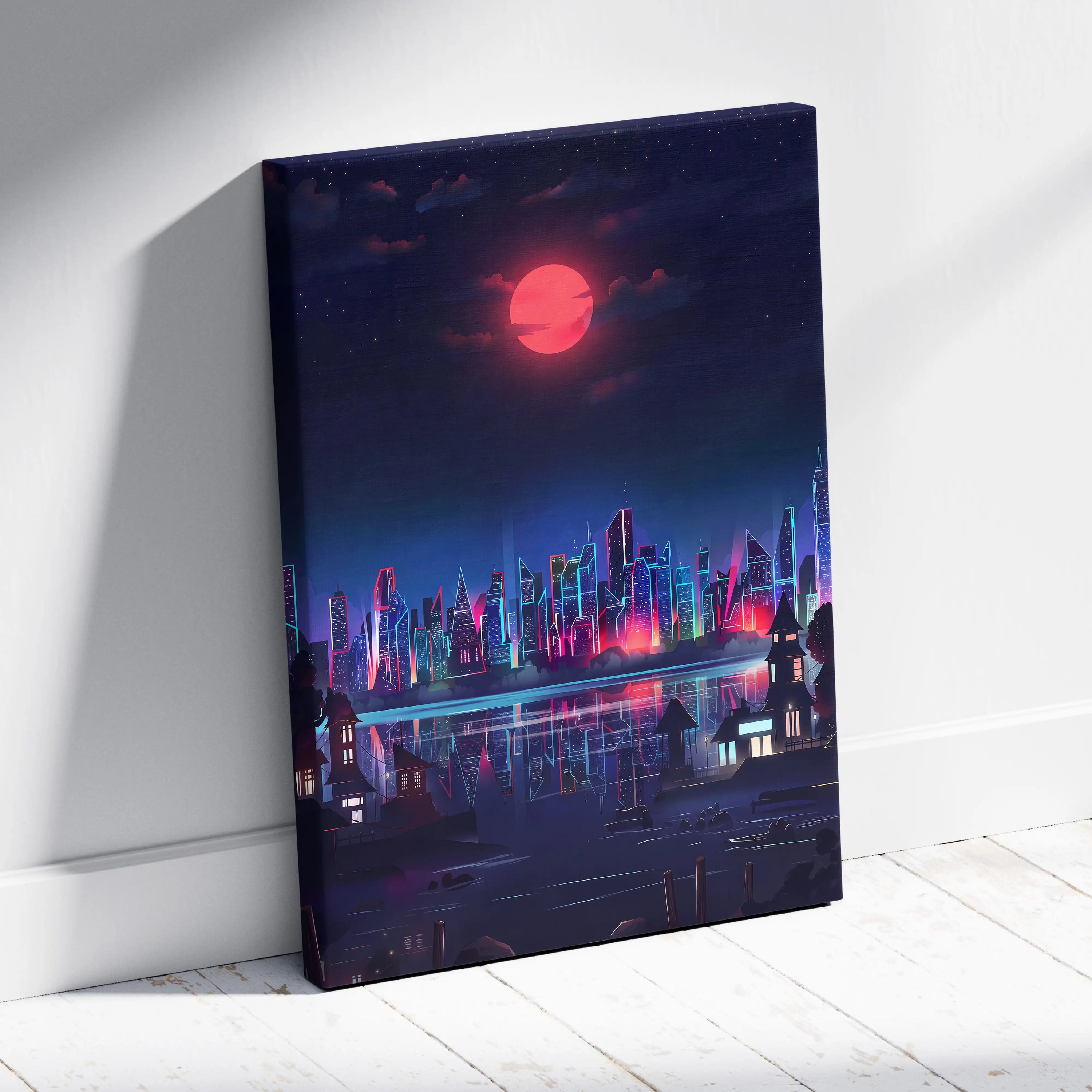 Neon City Vaporwave Canvas - Neon City Skyline Pink Blue Living Room Vaporwave Dreamy Mood Retro Futurism Decor