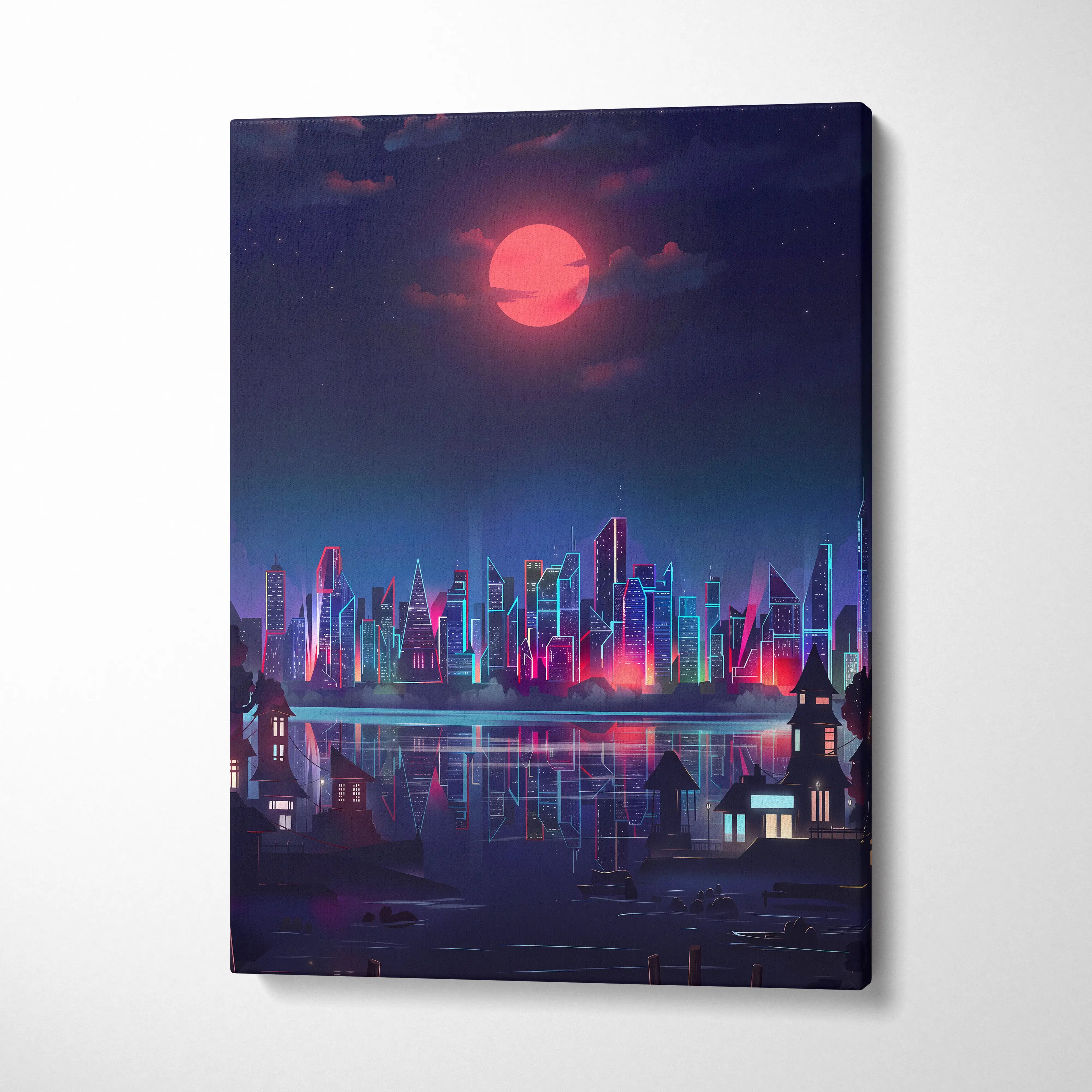 Neon City Vaporwave Canvas - Neon City Skyline Pink Blue Living Room Vaporwave Dreamy Mood Retro Futurism Decor
