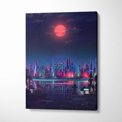 Neon City Vaporwave Canvas - Neon City Skyline Pink Blue Living Room Vaporwave Dreamy Mood Retro Futurism Decor