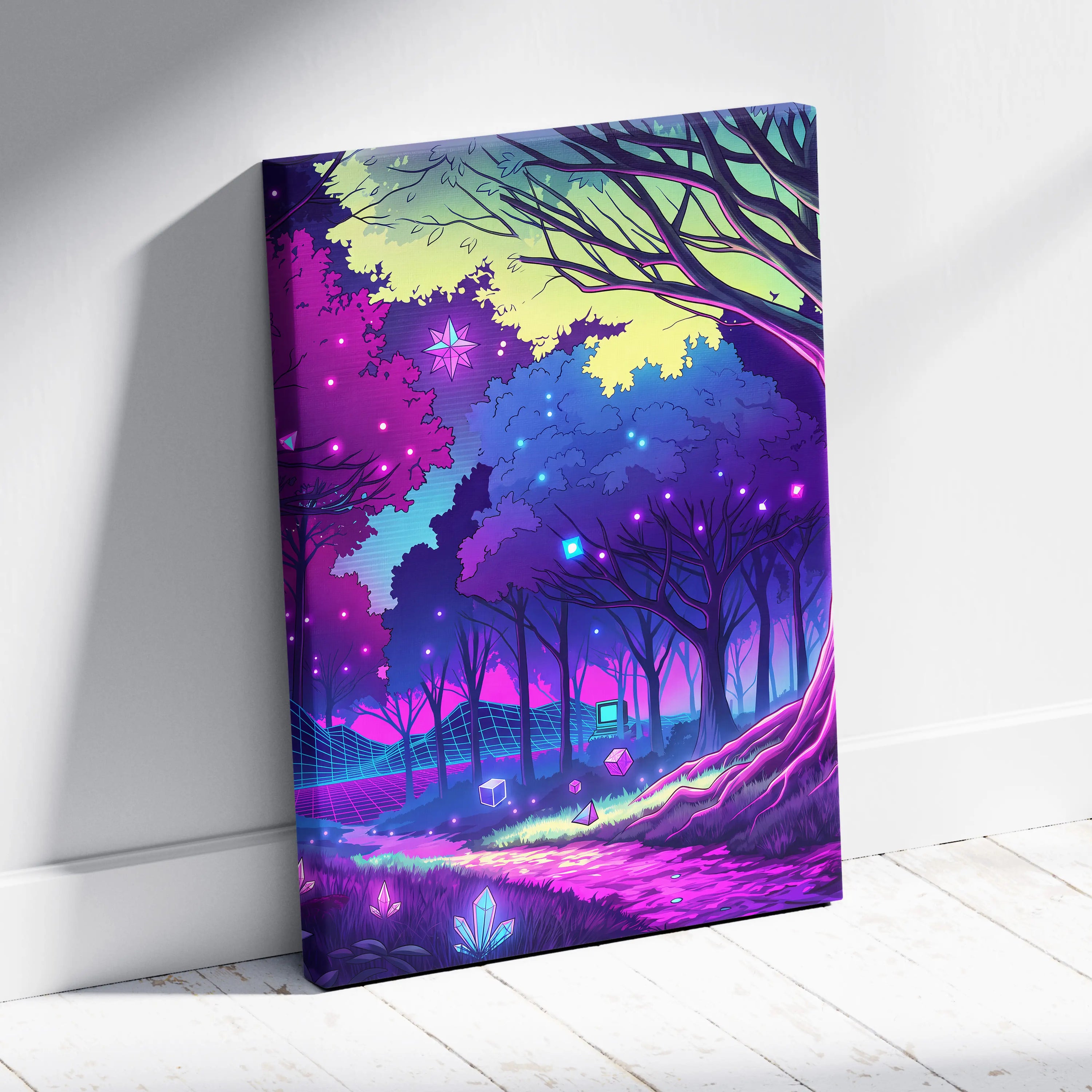 Neon Vaporwave Forest Canvas - Forest Vaporwave Neon Canvas Wall Art Living Room Dreamy Mood Neon Night Decor Vaporwave