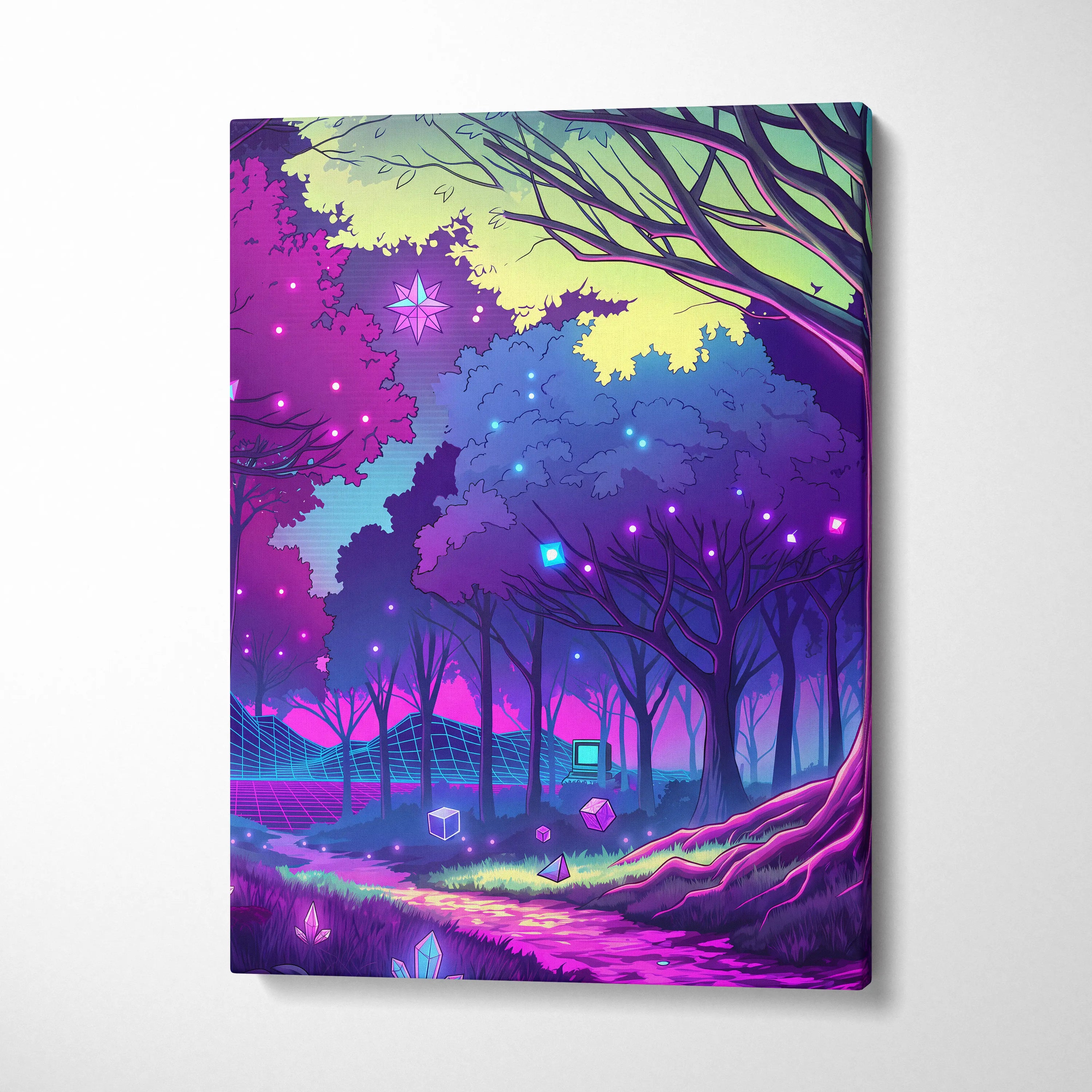 Neon Vaporwave Forest Canvas - Forest Vaporwave Neon Canvas Wall Art Living Room Dreamy Mood Neon Night Decor Vaporwave