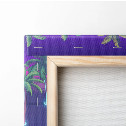 Vaporwave Neon Oasis Wall Art - Tropical Beach Neon Teal Pink Vaporwave Dreamy Nostalgic Retro Neon Cityscape Canvas