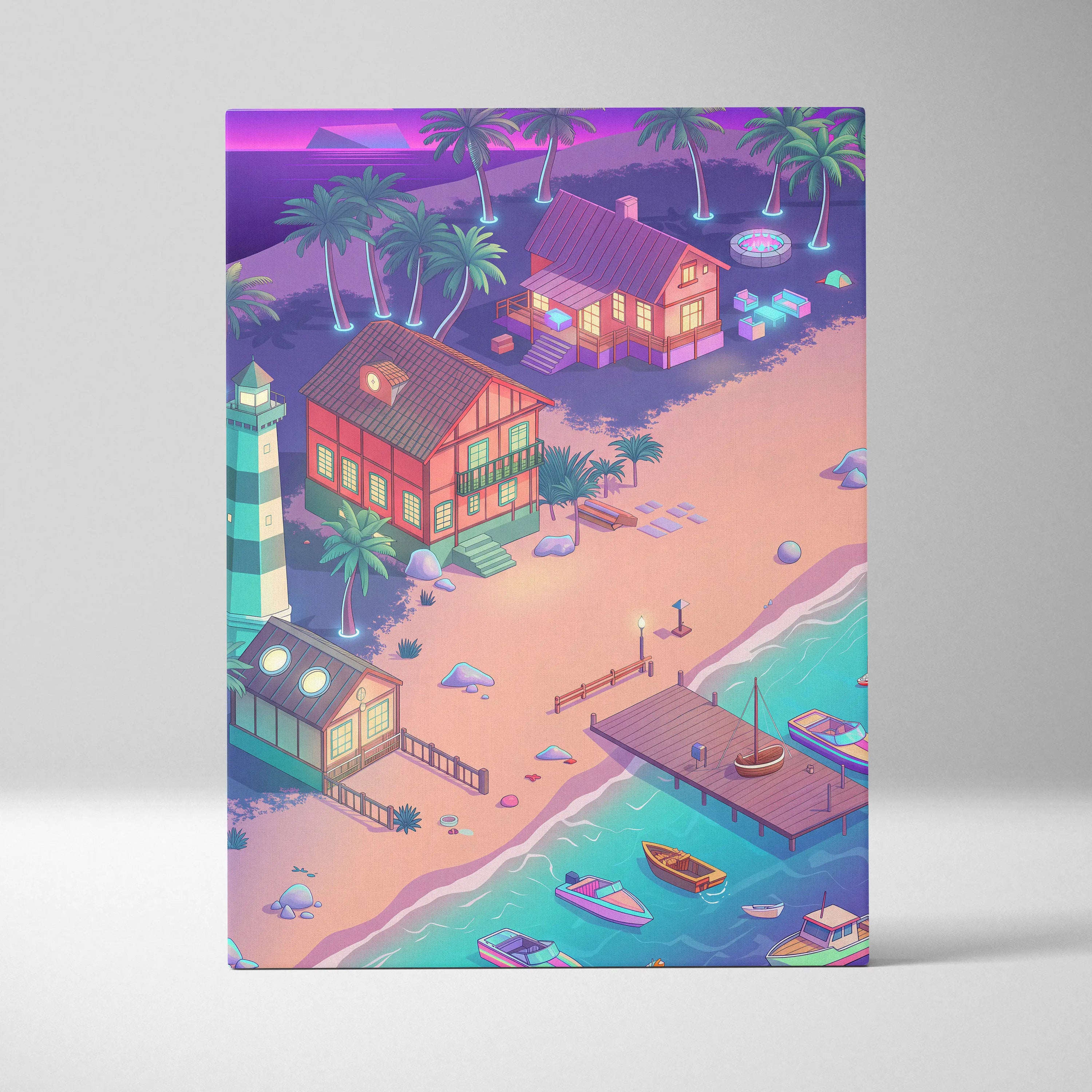 Vaporwave Neon Oasis Wall Art - Tropical Beach Neon Teal Pink Vaporwave Dreamy Nostalgic Retro Neon Cityscape Canvas