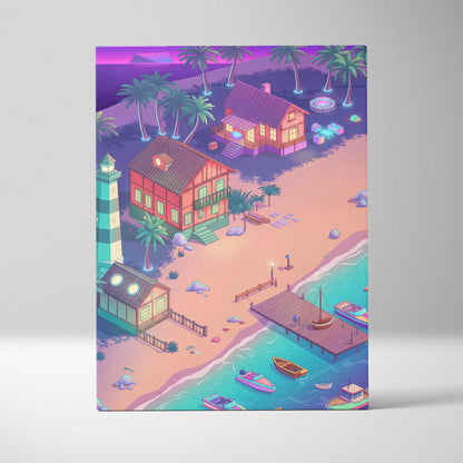 Vaporwave Neon Oasis Wall Art - Tropical Beach Neon Teal Pink Vaporwave Dreamy Nostalgic Retro Neon Cityscape Canvas