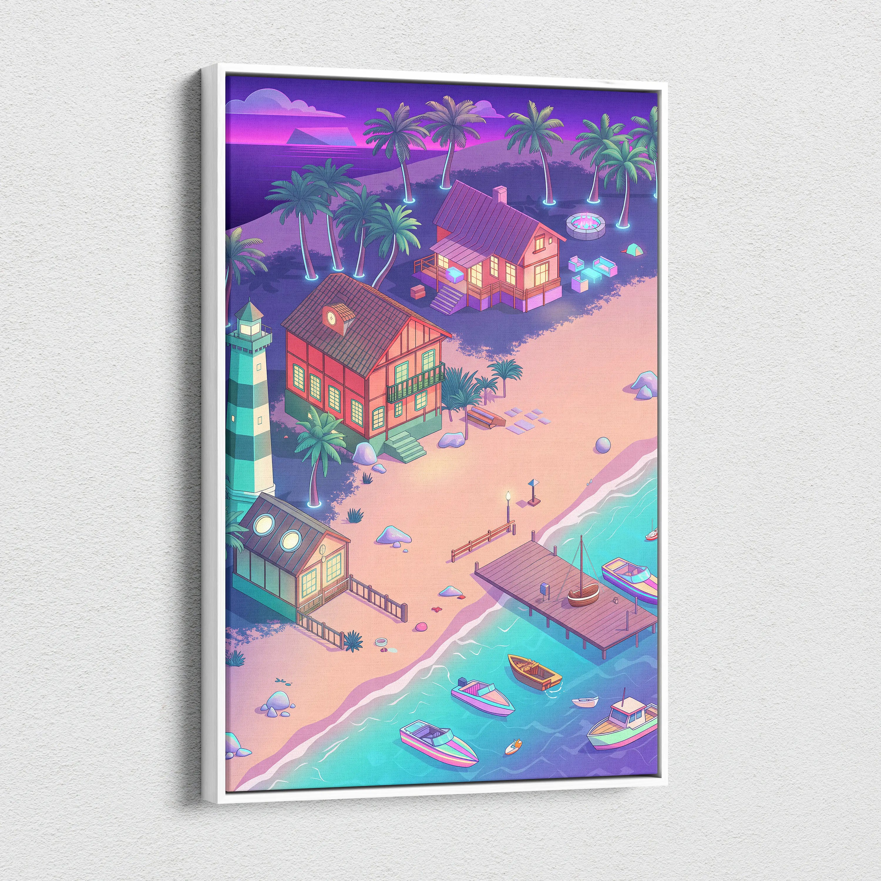 Vaporwave Neon Oasis Wall Art - Tropical Beach Neon Teal Pink Vaporwave Dreamy Nostalgic Retro Neon Cityscape Canvas