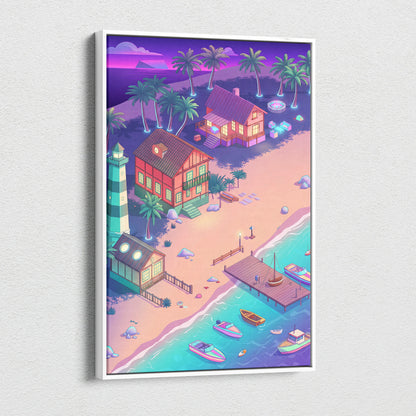 Vaporwave Neon Oasis Wall Art - Tropical Beach Neon Teal Pink Vaporwave Dreamy Nostalgic Retro Neon Cityscape Canvas