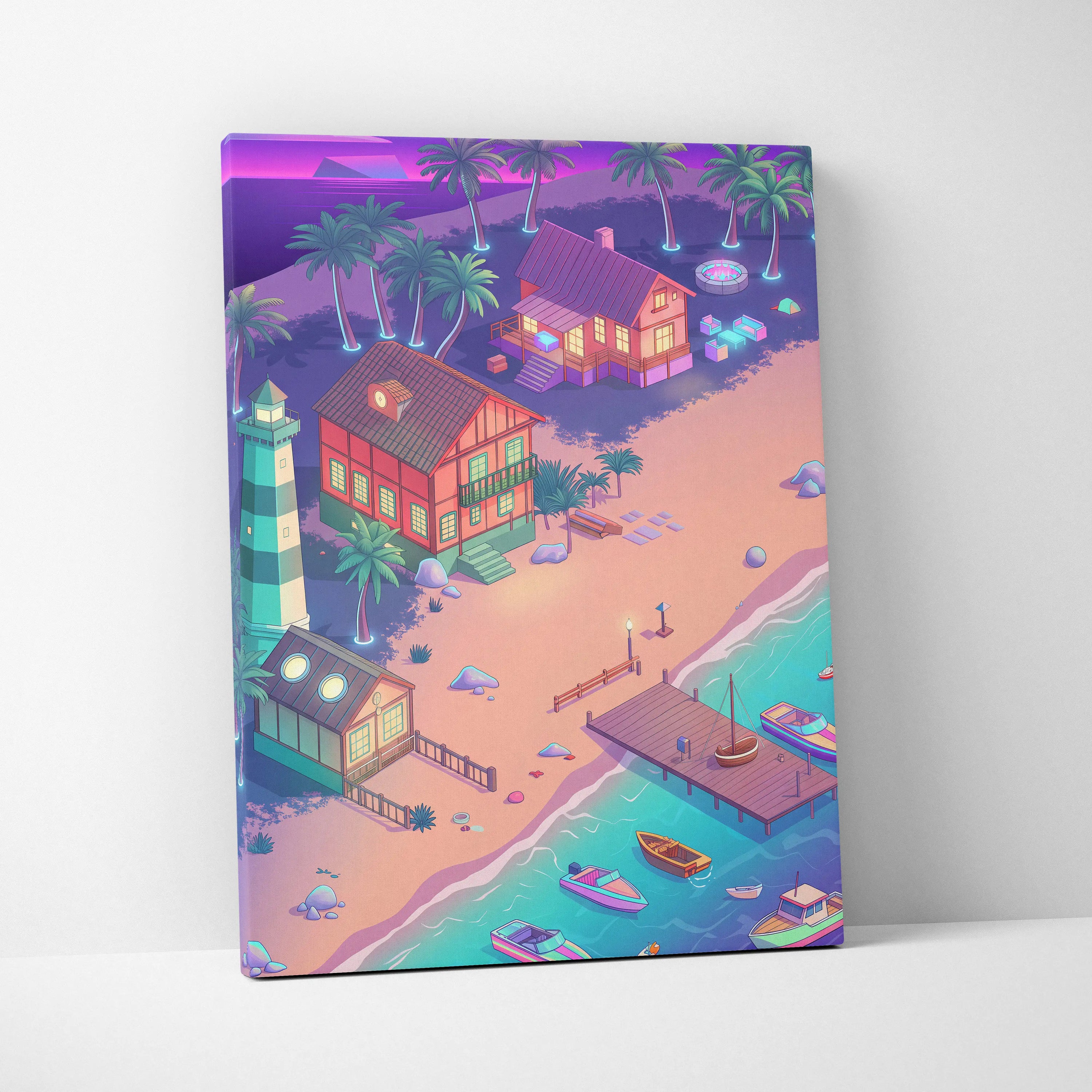 Vaporwave Neon Oasis Wall Art - Tropical Beach Neon Teal Pink Vaporwave Dreamy Nostalgic Retro Neon Cityscape Canvas