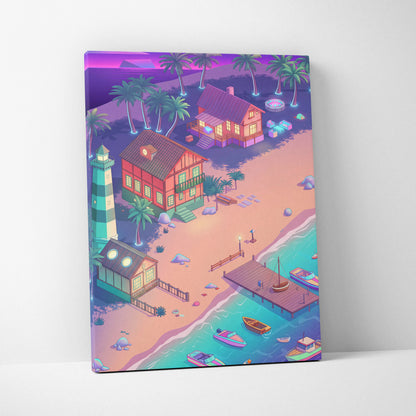 Vaporwave Neon Oasis Wall Art - Tropical Beach Neon Teal Pink Vaporwave Dreamy Nostalgic Retro Neon Cityscape Canvas