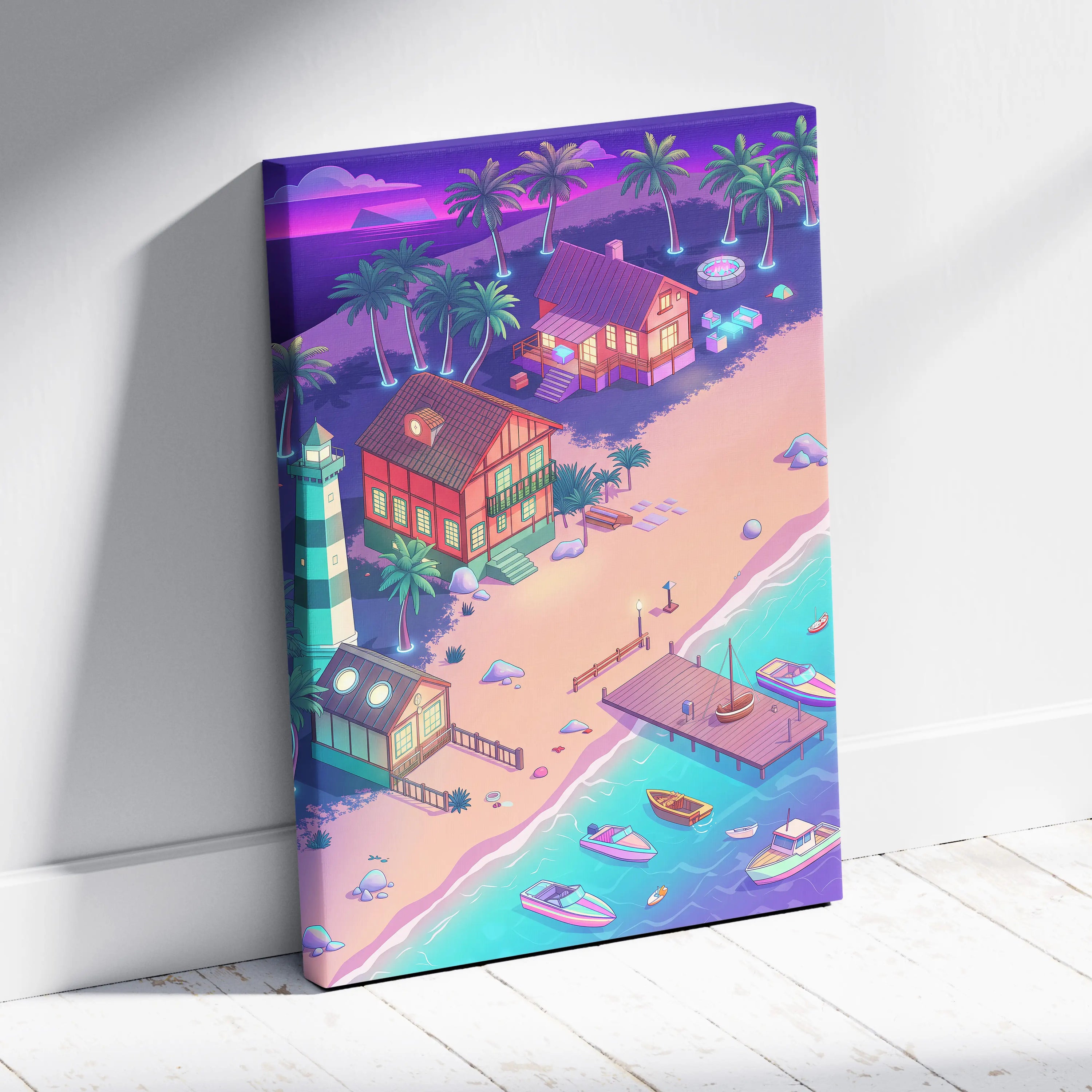 Vaporwave Neon Oasis Wall Art - Tropical Beach Neon Teal Pink Vaporwave Dreamy Nostalgic Retro Neon Cityscape Canvas