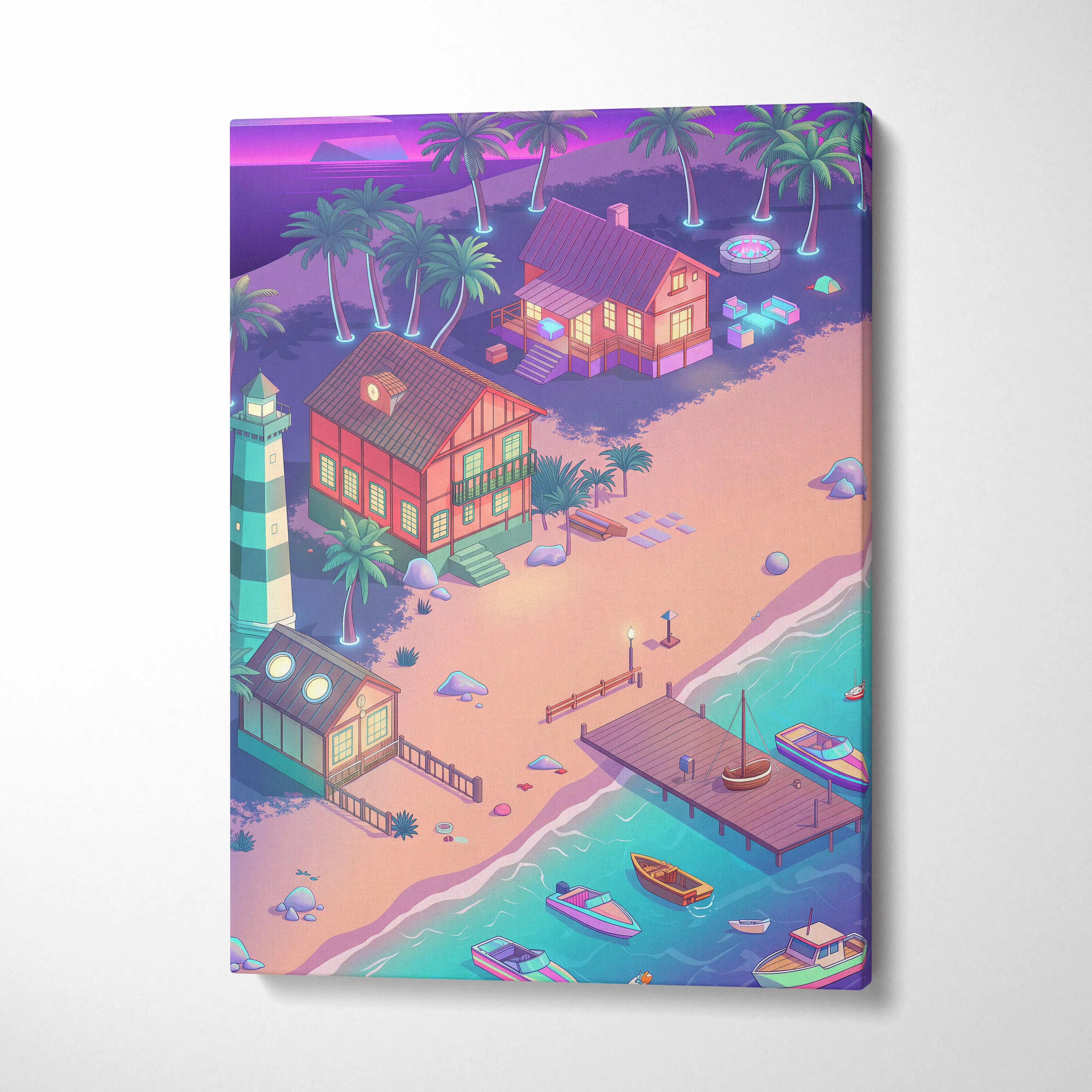 Vaporwave Neon Oasis Wall Art - Tropical Beach Neon Teal Pink Vaporwave Dreamy Nostalgic Retro Neon Cityscape Canvas